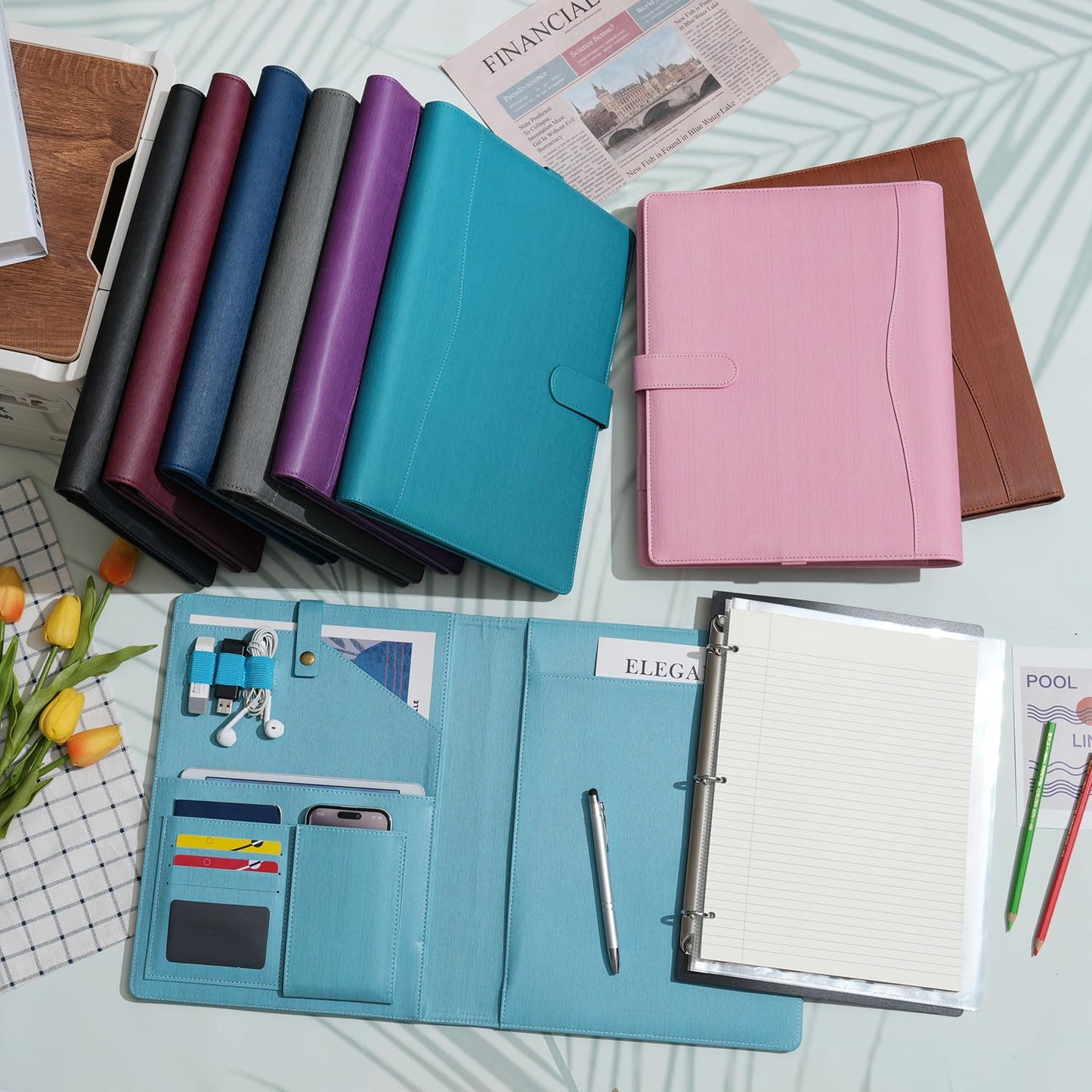 Wonderpool A4 PU Leather Portfolio Holder Ring File Document Case with Removable Binder Clipboard, Multi Pocket and Legal Pad for Business Organizer Interview and Meeting (Pink)