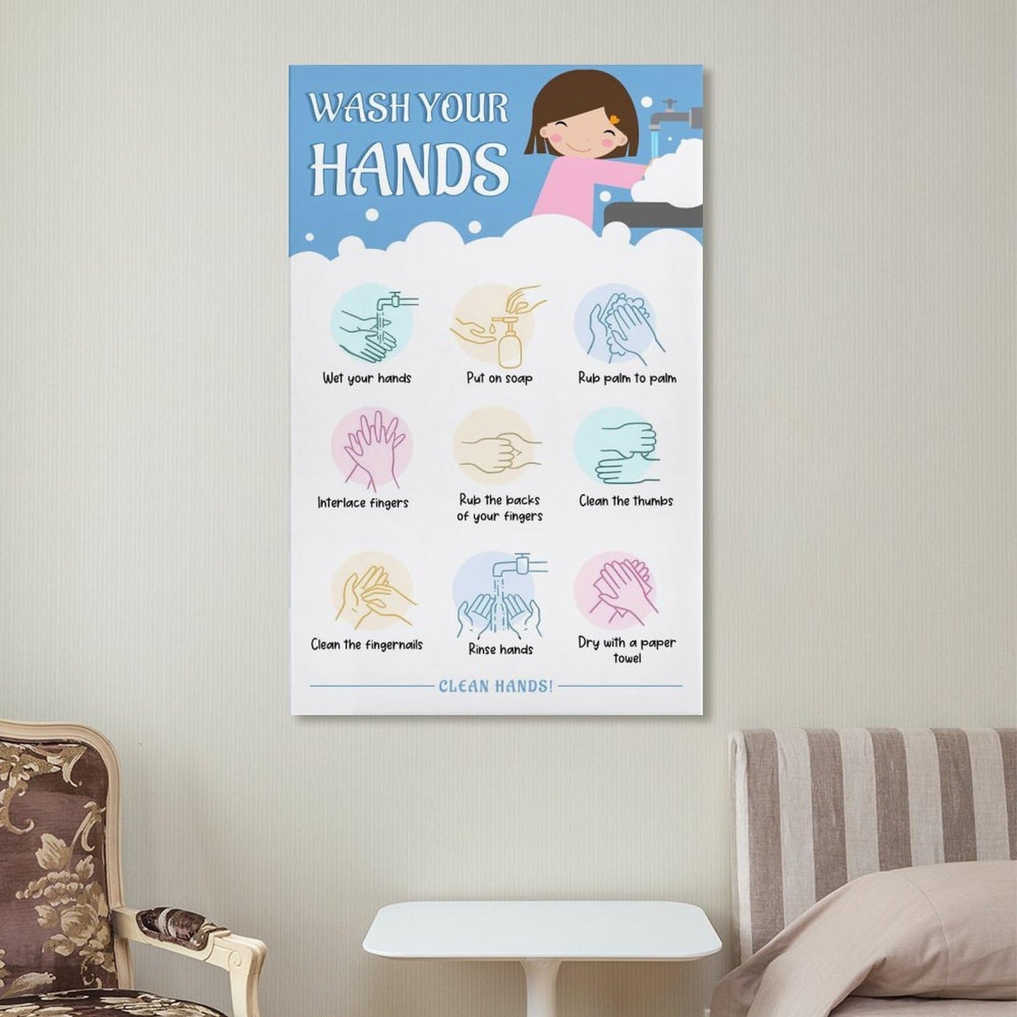 LINWDSB Handwashing Poster – Wash Your Hands Sign for Kids Preschool, Daycare, School Nurse & Classroom Bathroom Posters style 12x18inch(30x45cm)