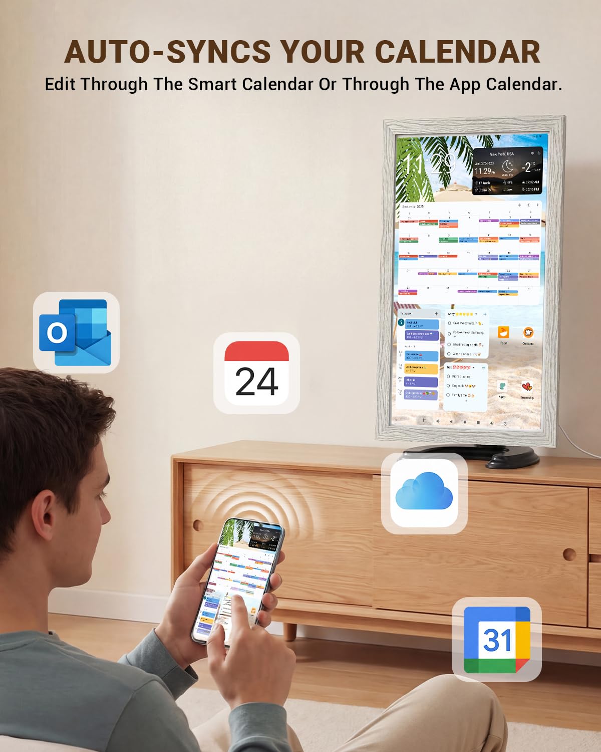 WELLORGO Digital Calendar, 21.5-inch Electronic Calendar for Family Schedules, Touch Screen Smart Planner with Kids' Chores Chart/Meal Plan/Streaming Services, w/Frame, Remote Control & Desktop Stand