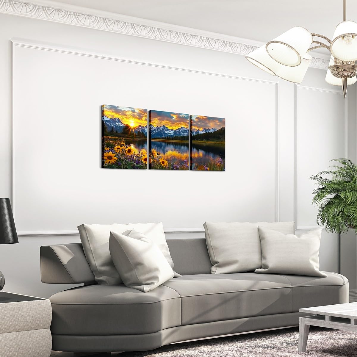 jejeloiu Mountain Lake Canvas Wall Art for Living Room Bedroom 12"x16"x3pcs Sunflower Floral Picture Wall Decor for Bathroom Natural Scenery Office Decorations Artwork Posters Sunrise Painting