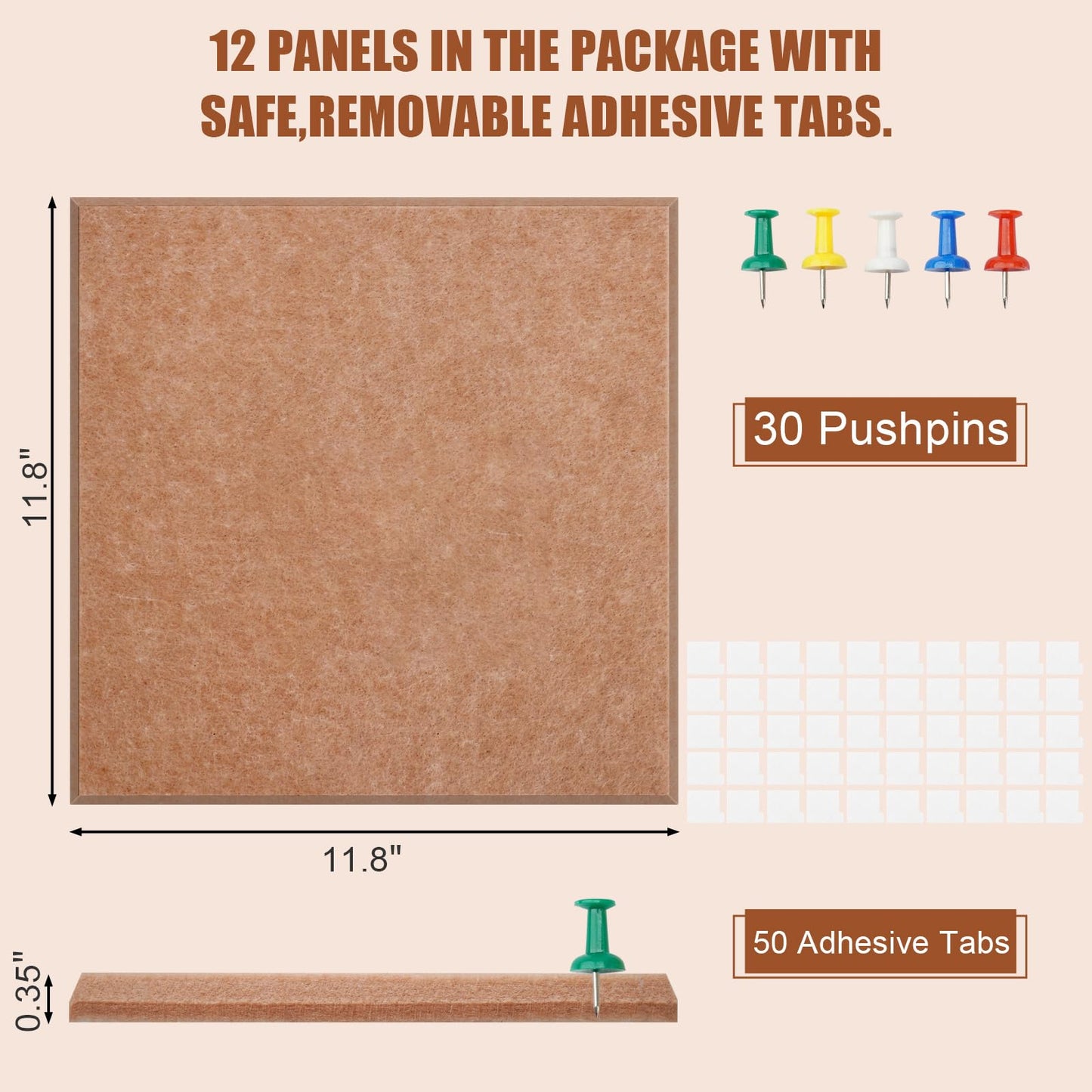 Large Cork Board Alternative 48" X 36" Bulletin Board - 12 Pack Removable Felt Wall Tiles with 30 pushpins, Large Cork Boards for Walls Cork Board for Office Pin Board Tack Board - Mauvey Pink