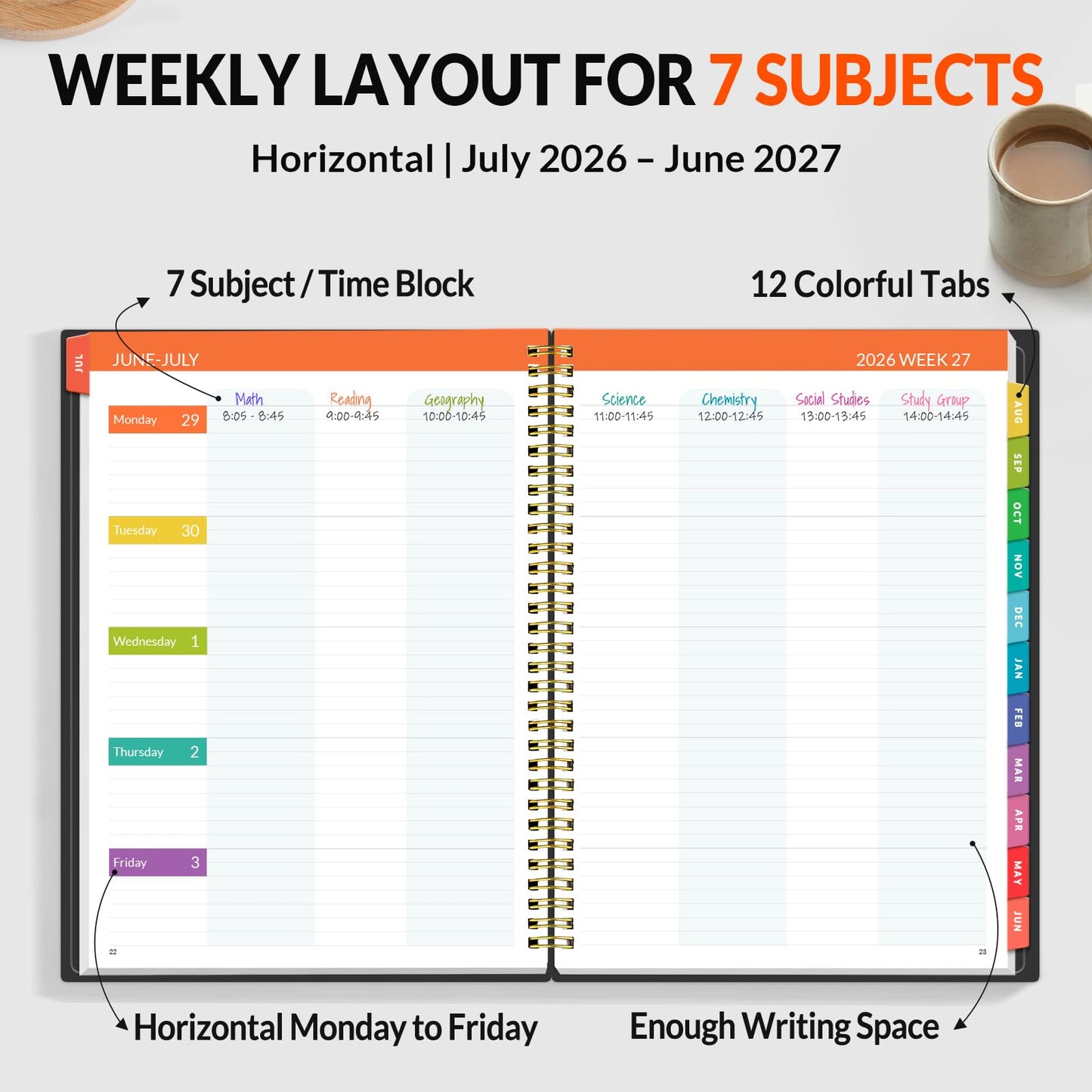 SUNEE Teacher Planner 2026-2027 Academic Year, Lite Lesson Planner Book with 7 Periods Jul 2026 - Jun 2027, 8.5"x11" Daily Weekly and Monthly Organizers, Plan Book with Pocket Folder, Color Tabs,Black
