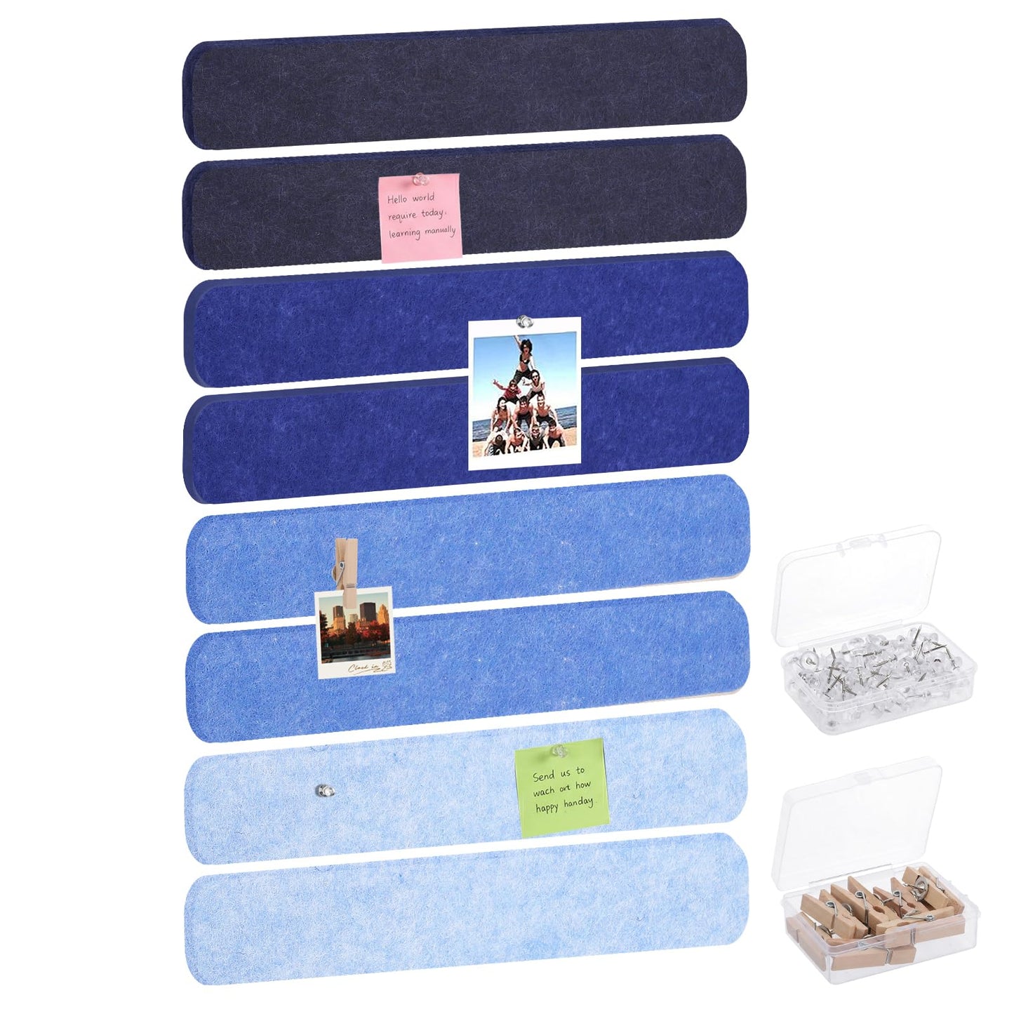 Thboxes 8 Pack Felt Bulletin Board Strips, 13x2 Inch Self Adhesive Felt Pin Boards with 50 Pushpins and 10 Wooden Clips Push Pins, Cork Board for Walls Home Office Decor(Serene Blue Mist)