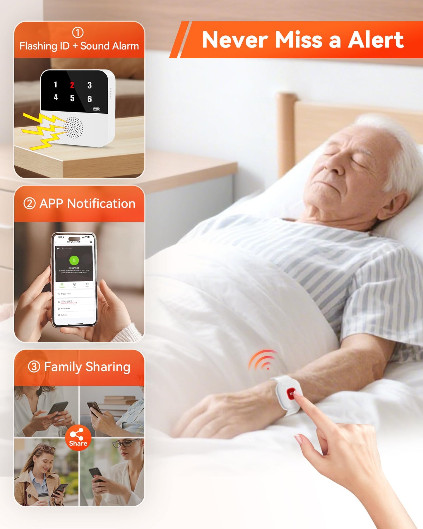 PILSAMAS WiFi Caregiver Pager Smart Call System - Display Caller ID & App Alerts, No Monthly Fee, IP65 Waterproof Wristband + 2 Call Buttons, Emergency Alert Button for Elderly at Home & Nursing Care