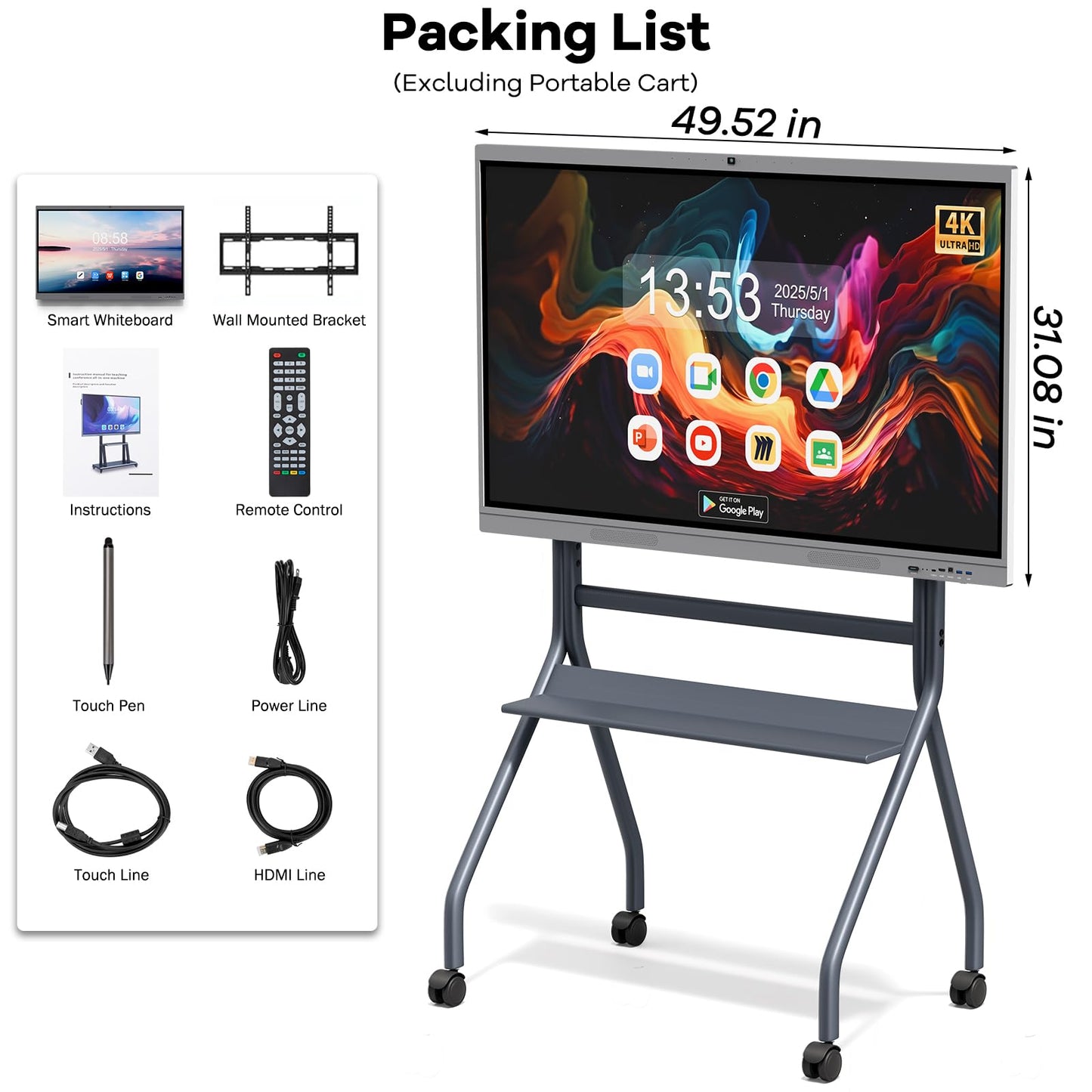 HLEC 55" Interactive Smart Board, 4K UHD Touchscreen Digital Whiteboard, Electronic All-in-One Computer for Classroom Home Office Studio Display, 20-Touch 13MP Camera(Wall Mount Included)