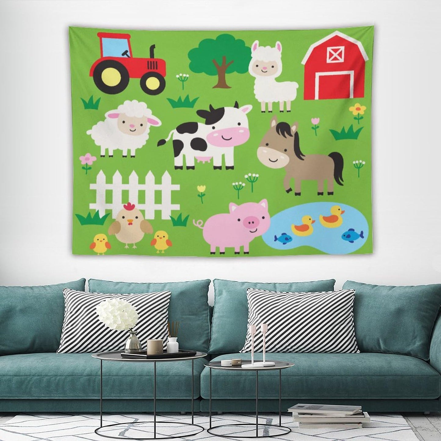 DDCBNS Cute Animal Tapestry, Cartoon Farm Animal Wall Hanging for Baby Kids' Rooms, Green Color, 80" x 60"