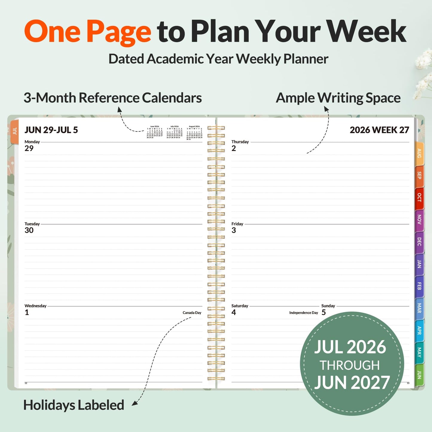 SUNEE Academic Planner 2026-2027 – Weekly & Monthly Planner, July 2026 to June 2027, 8.5"x11", Thick Paper, Tabs, Pockets, Bookmark, Spiral-Bound, Student Teacher Organizer, Green Wildflowers
