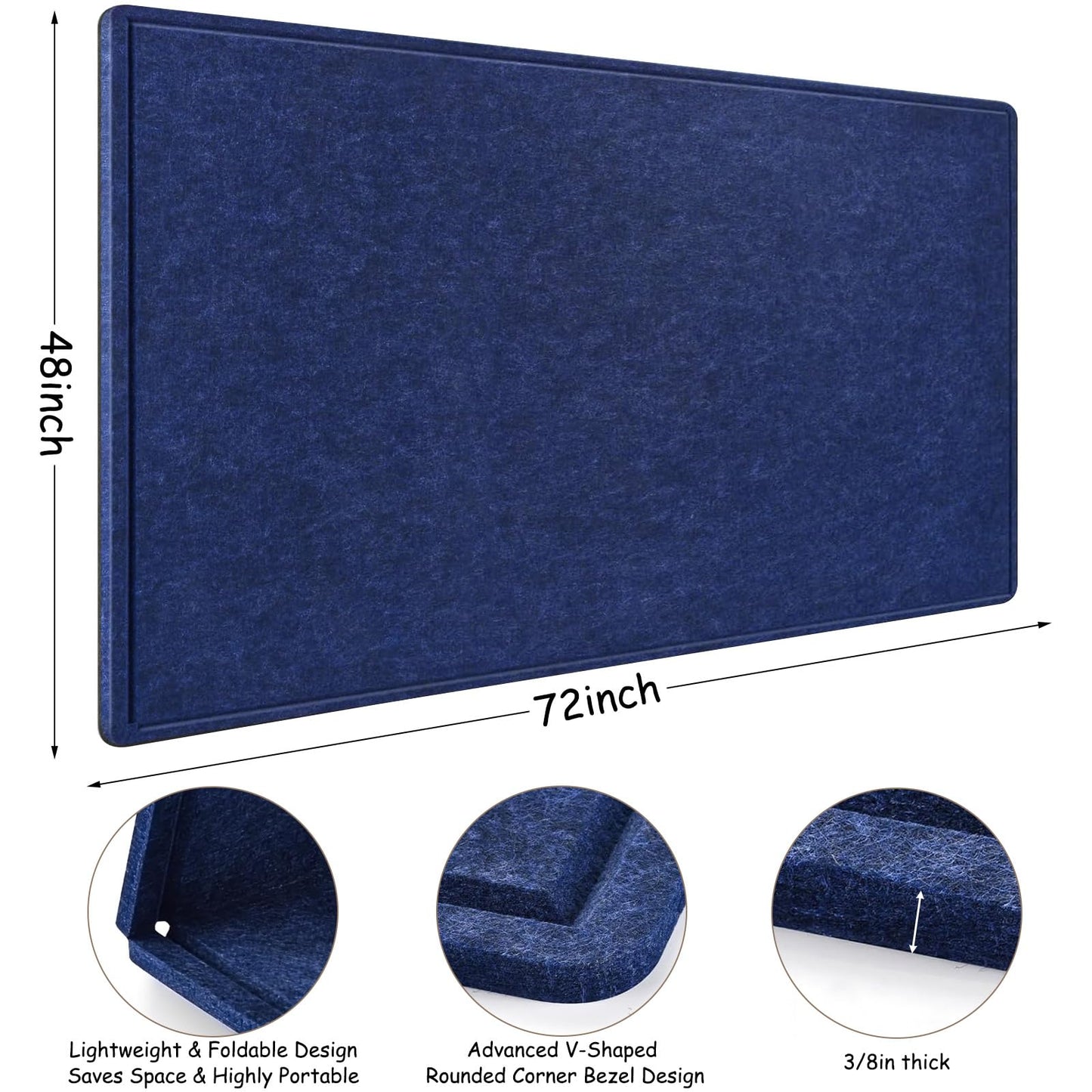 Large Bulletin Board - 72 x 48 Inches, Large Felt Board Decorative Pin Board for Wall, Foldable Photo Board, Lightweight Durable Pin Board for Home, Office, School, Classroom, Kitchen (Dark Blue)