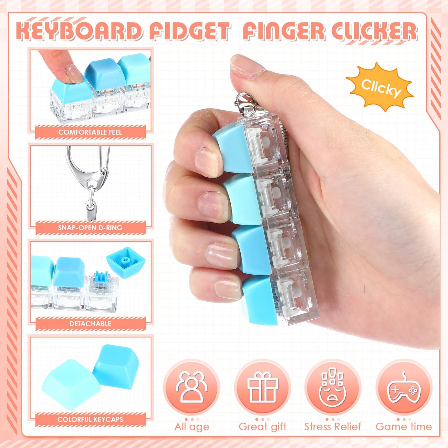 Halloscume 16 Pcs Click Sound Keyboard Adult Fidget Clicker Toy 4-in-1 Keyboard Fidget Keychain Cube Mechanical Key Button Clicker Stress Relief Gift for Office School Home to Pass the Time