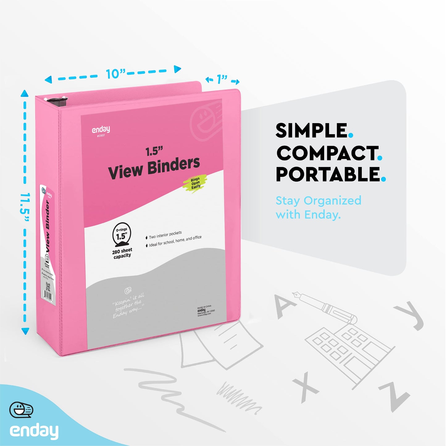Enday 3 Ring Binder 1.5 Inch, Pink Heavy Duty Three Ring Binder, 325 Sheets Capacity - 1.5 Inch Binder for Home School and Office