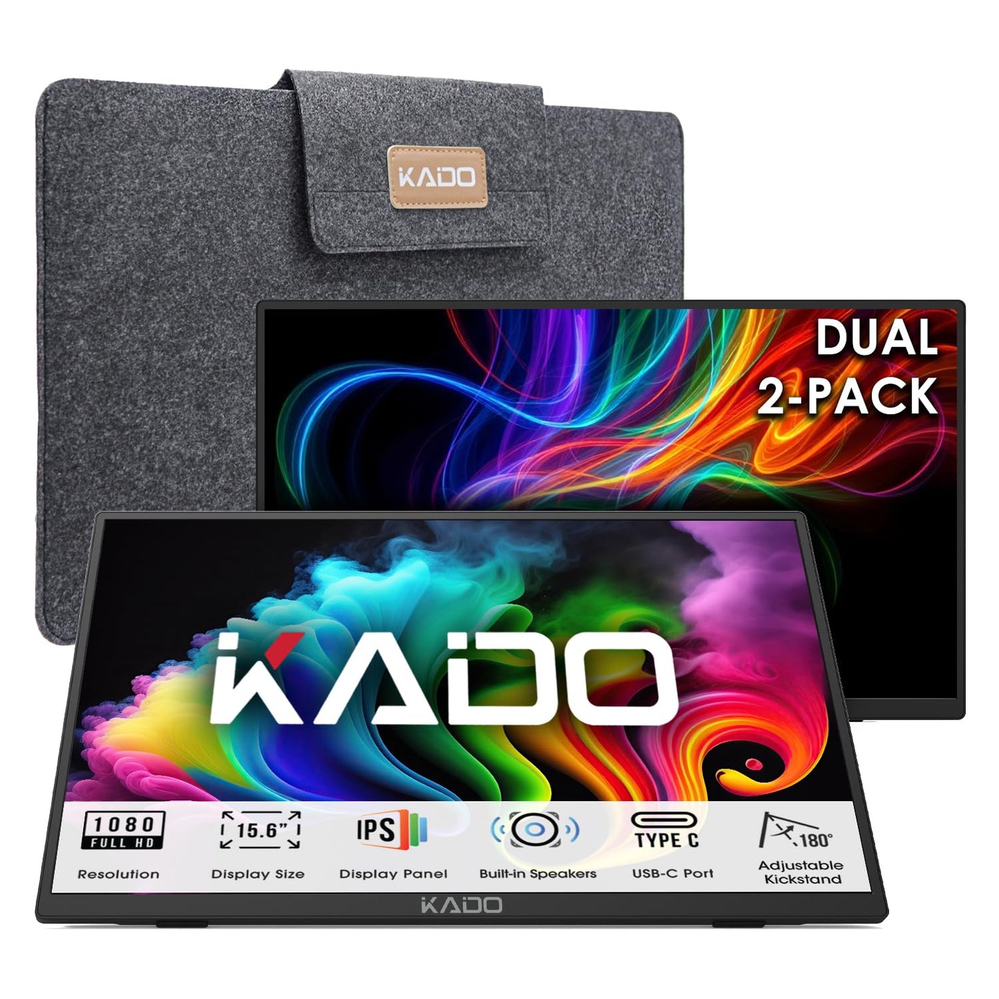 Kado Dual Portable Monitor Setup - 2-Pack 15.6" 1080p IPS Triple Monitor Extender for Laptop, 1920x1080 HDMI USB-C 180° Kickstand Built-in Speakers, Stacked Desktop Setup Office Gaming Daytrading