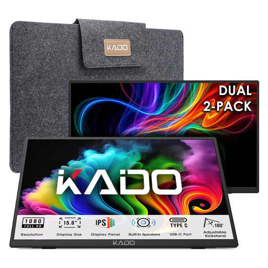Kado Dual Portable Monitor Setup - 2-Pack 15.6" 1080p IPS Triple Monitor Extender for Laptop, 1920x1080 HDMI USB-C 180° Kickstand Built-in Speakers, Stacked Desktop Setup Office Gaming Daytrading