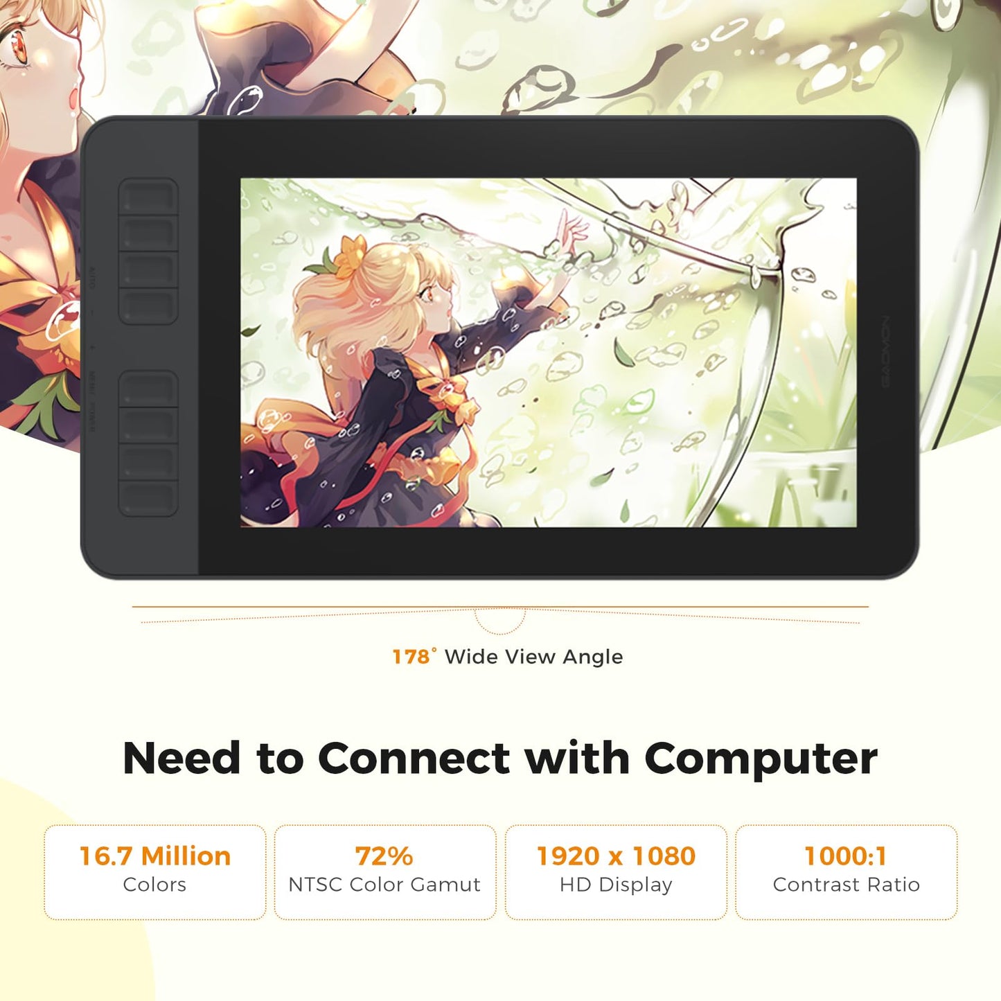 GAOMON PD1161 Drawing Tablet with Screen, Digital Art Tablet with Battery-Free Stylus, Tilt, 8 Shortcut Keys for Paint, Design, Illustration, Editing, 11.6-inch Graphics Tablet for Mac, Windows PC