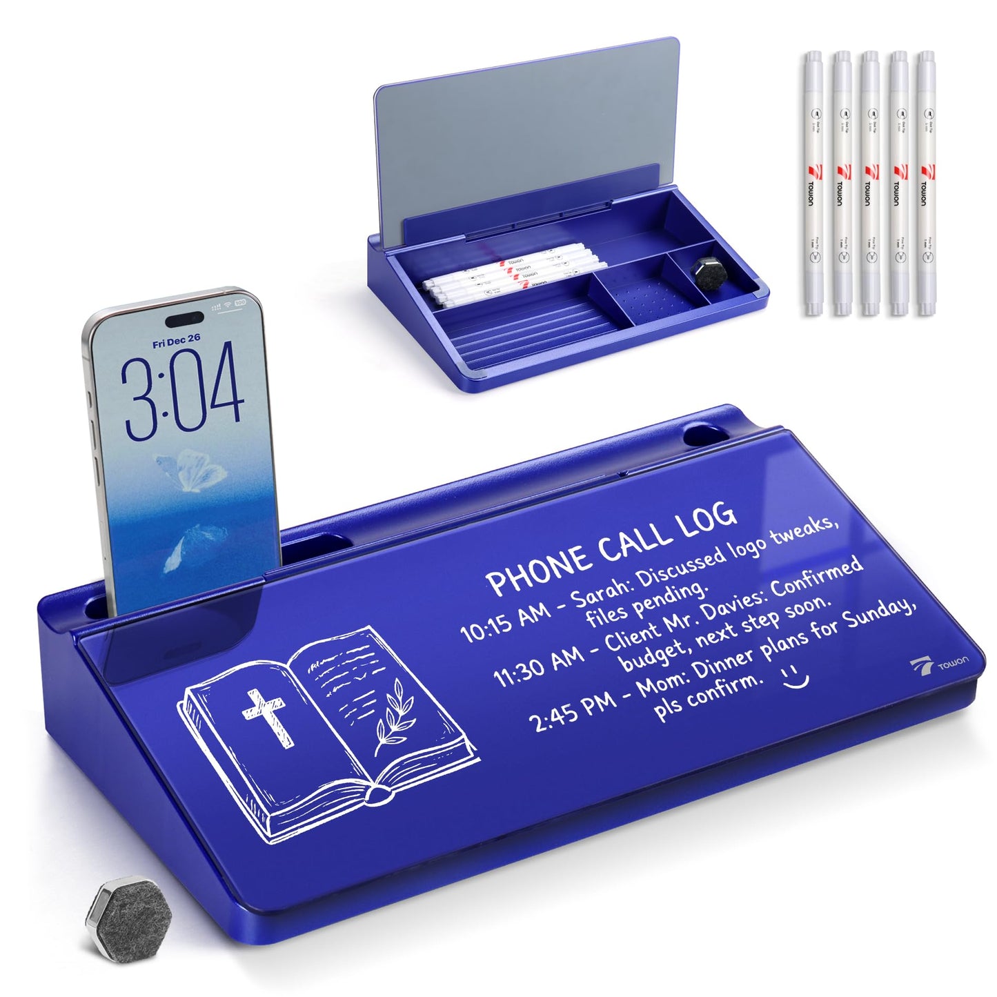 TOWON Navy Small Compact Glass Desktop Whiteboard with Storage, 12 x 7 Inches, Glossy Metallic Paint Mirror Finish Dry Erase Board, Includes 5 Markers, Eraser & Holder for Office Homeschooling Décor