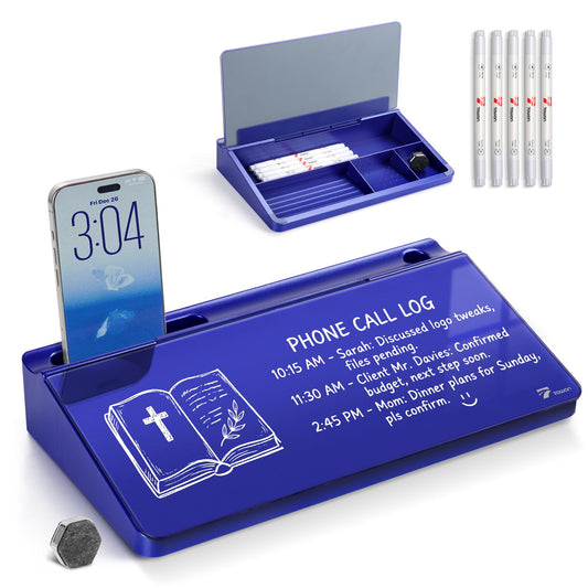 TOWON Navy Small Compact Glass Desktop Whiteboard with Storage, 12 x 7 Inches, Glossy Metallic Paint Mirror Finish Dry Erase Board, Includes 5 Markers, Eraser & Holder for Office Homeschooling Décor