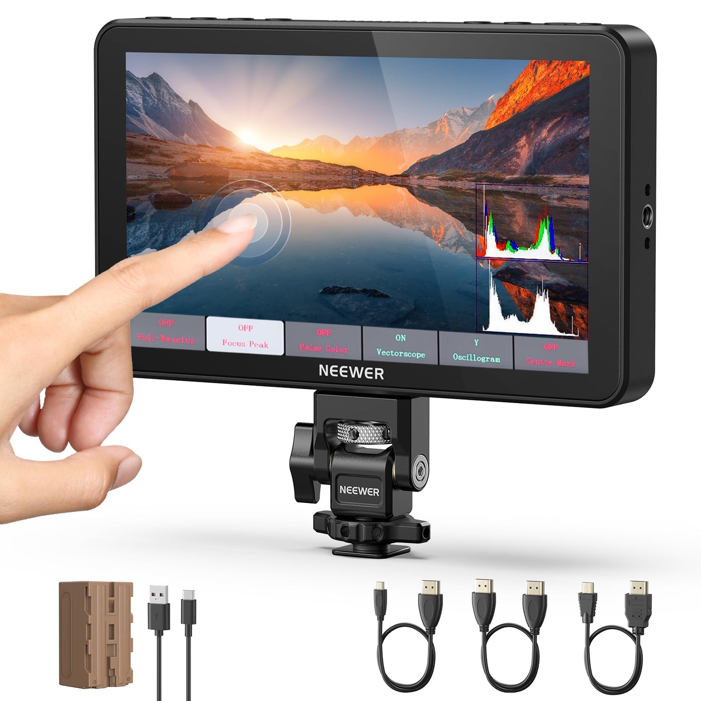 NEEWER F700 7" Camera Field Monitor, 2000nit HD 1920x1080 IPS Touch Screen with 3D LUT, 4K HDMI Loop in/Out with Peak Focus DSLR Video Assist HDR Waveform, Cold Shoe Mount, 5200mAh Battery & Cable