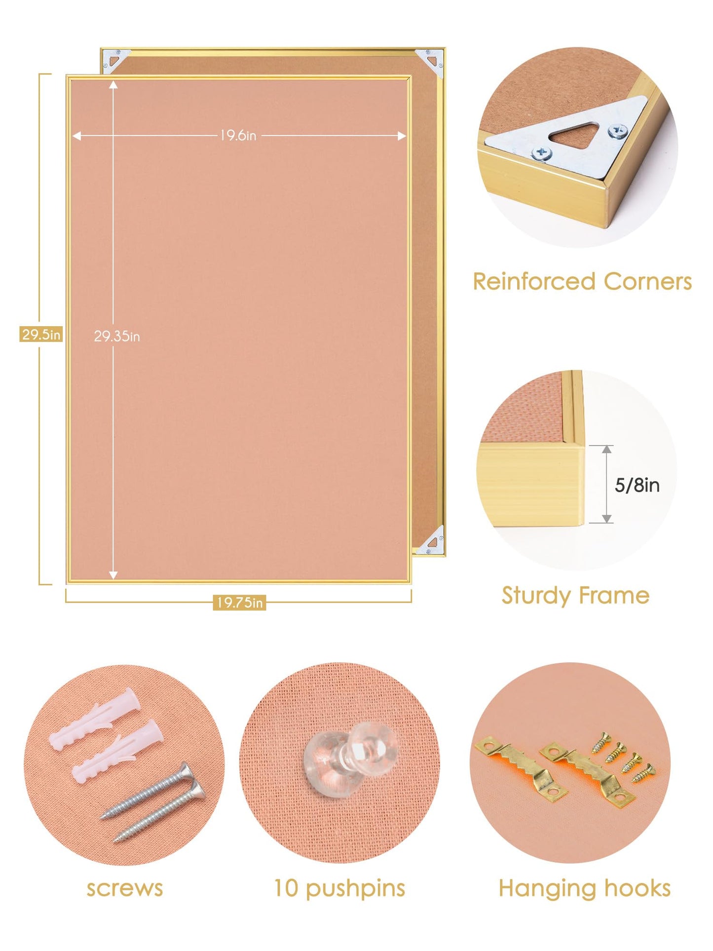 Bulletin Board 30 x 20 inches, Aluminum Framed Fabric Cork Board with 10 Push Pins (Blush Coral, 30 x 20 inches)