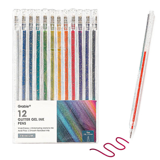 Grabie Capped Glitter Gel Pens, 12 Colors Metallic Sparkle Gel Ink Pens for Adult Coloring Books, Drawing, Journaling & DIY Crafts, Vibrant Neon & Colored Gel Pens, Smooth Writing Art Pens