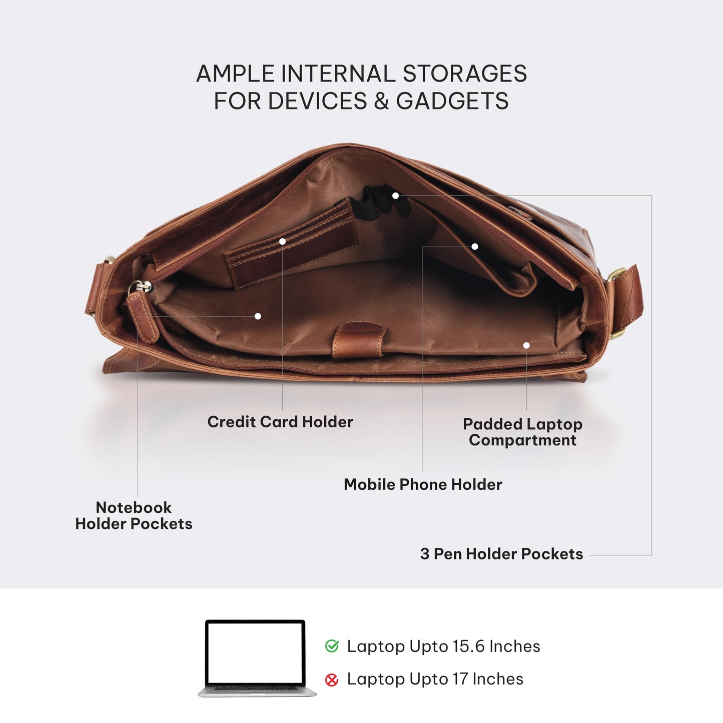VALENCHI 15" Full Grain Leather Laptop Messenger Bag For Men & Women - Padded 15.3" Laptop Compartment, Ample Storage & Pockets, Premium Natural Leather (Cognac Vintage)