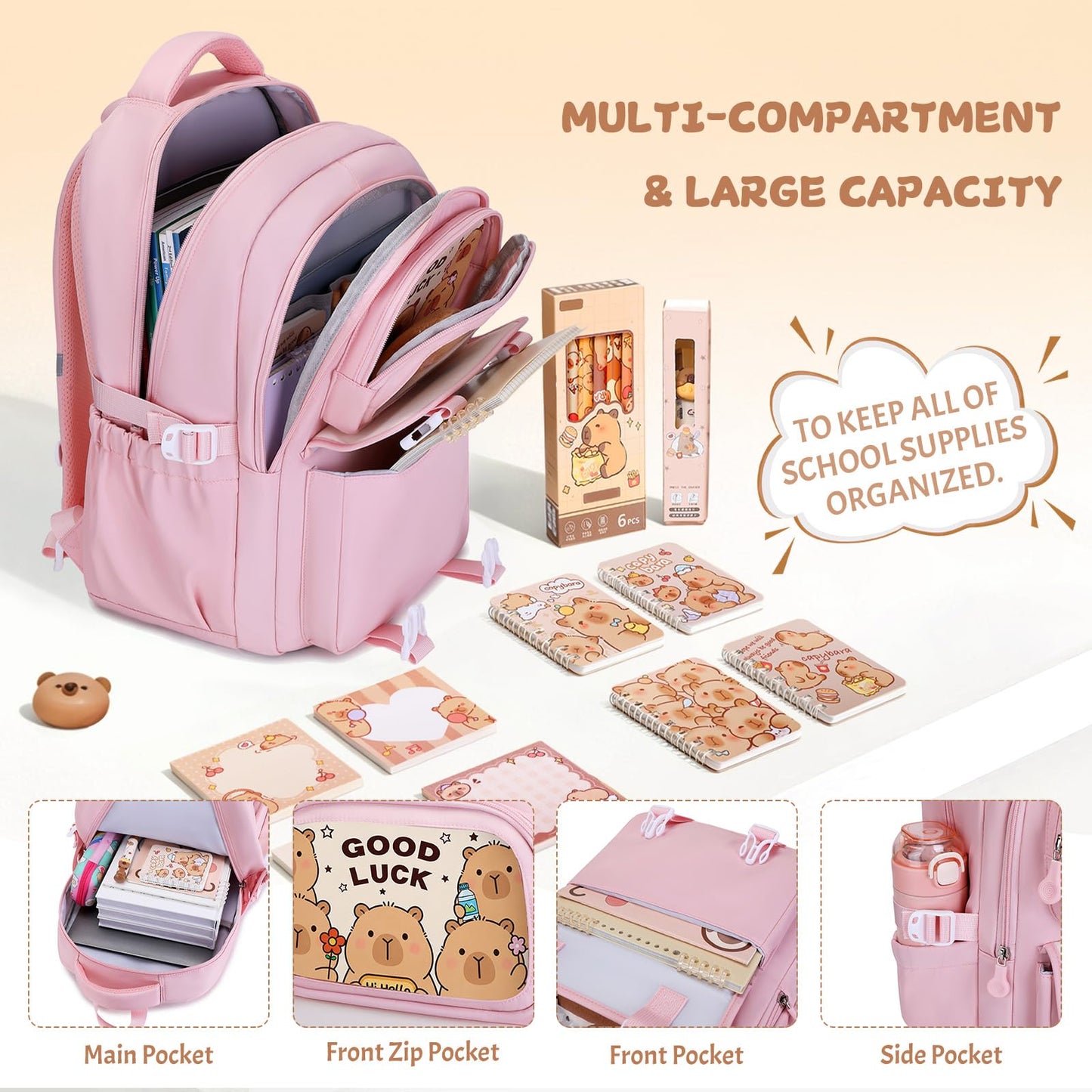 Similove Backpack for Girls with Bento Box - 4PCS Girls Backpack for Kindergarten Elementary Middle High School Travel - 34oz Leakproof Lunch Containers Kids Backpacks Back to School Gift (Pink)