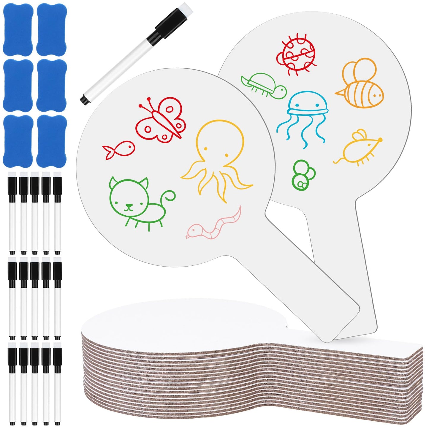 18 PCS Dry Erase Answer Paddles, Handheld Double Sided Paddles Mini White Boards with 18 Black Markers 6 Erasers, Dry Erase Signs for Classroom Teaching Office Meeting Voting Bridal Shower Games