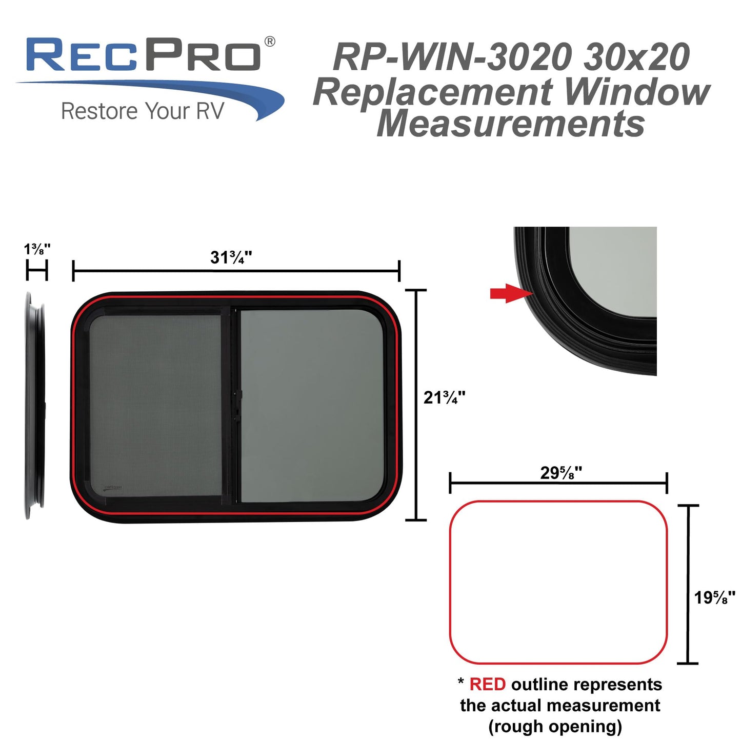 RecPro RV Window - Teardrop Style Horizontal Sliding Replacement - 30inW x 20inH - Black - Model RP-WIN - Made in USA