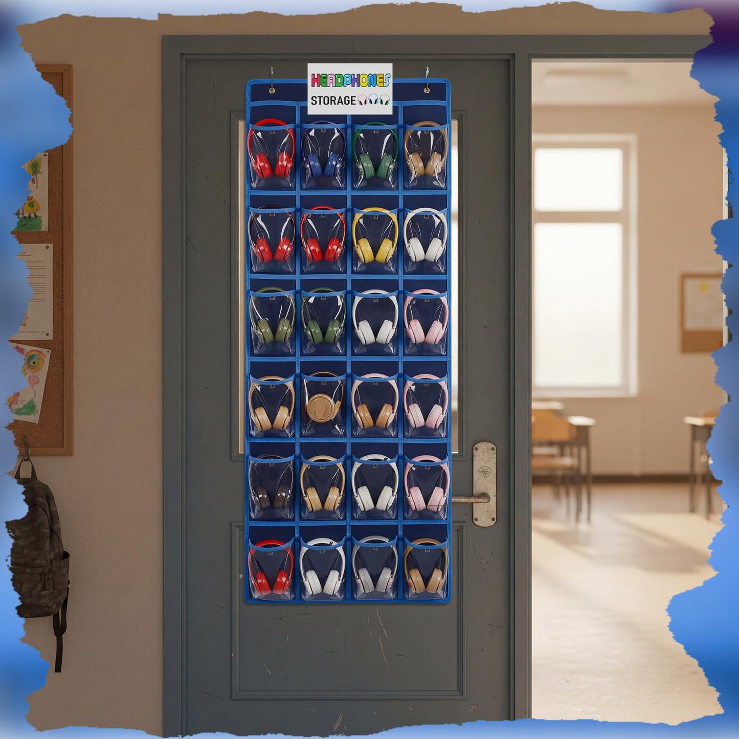 Maasechs Classroom Headphone Storage Organizer 24 PVC Clear Over The Door Hanging Classroom Headphone Holder Pocket with 4 Hooks for School Library(Blue)