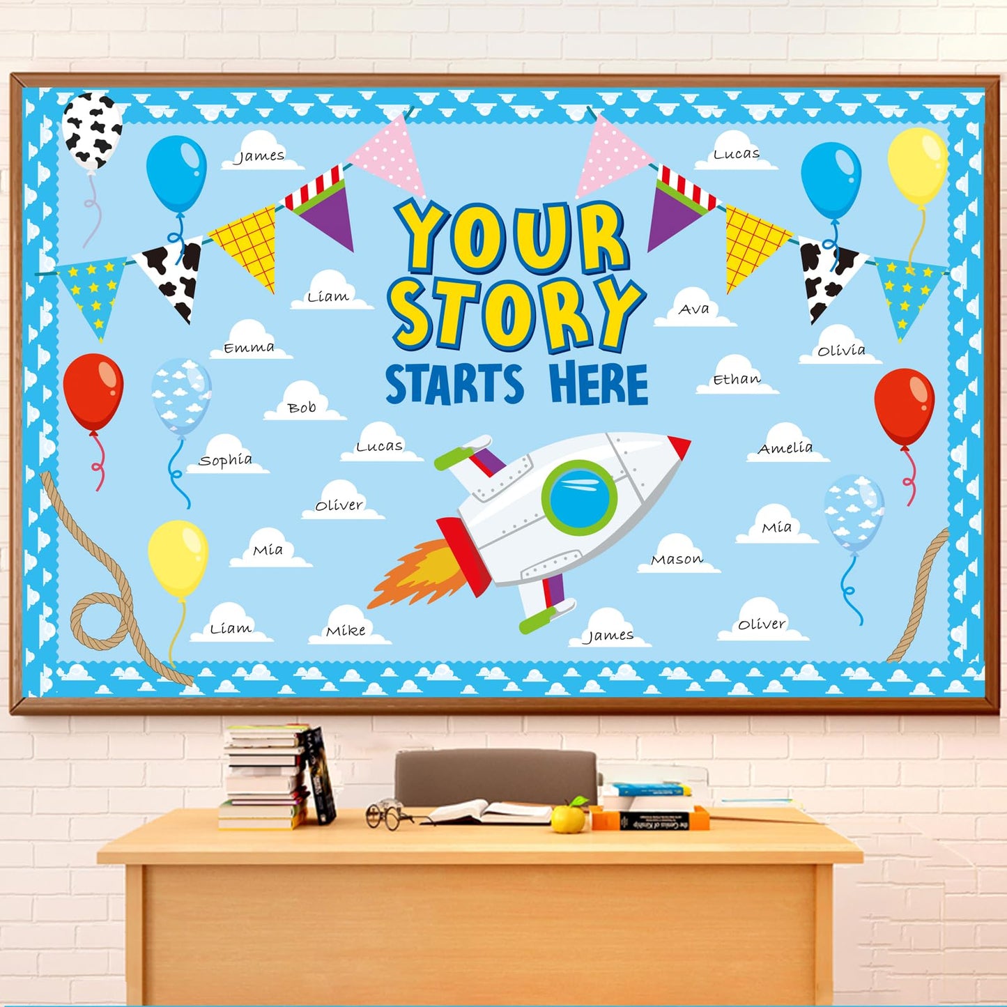 Cartoon Bulletin Board Decorations Set with Borders Blue Sky White Cloud Cutouts Decor for Teachers Back to School Bulletin Board for Class School Classroom Chalkboard Wall Decor