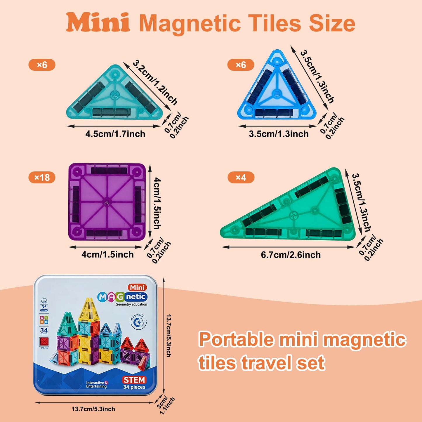 orientfire 34 PCS Mini Magnetic Tiles with Metal Storage Box,Magnetic Building Tiles,STEM Approved Educational Travel Magnetic Tiles for Kids Ages 3-8 Christmas Birthday Gifts