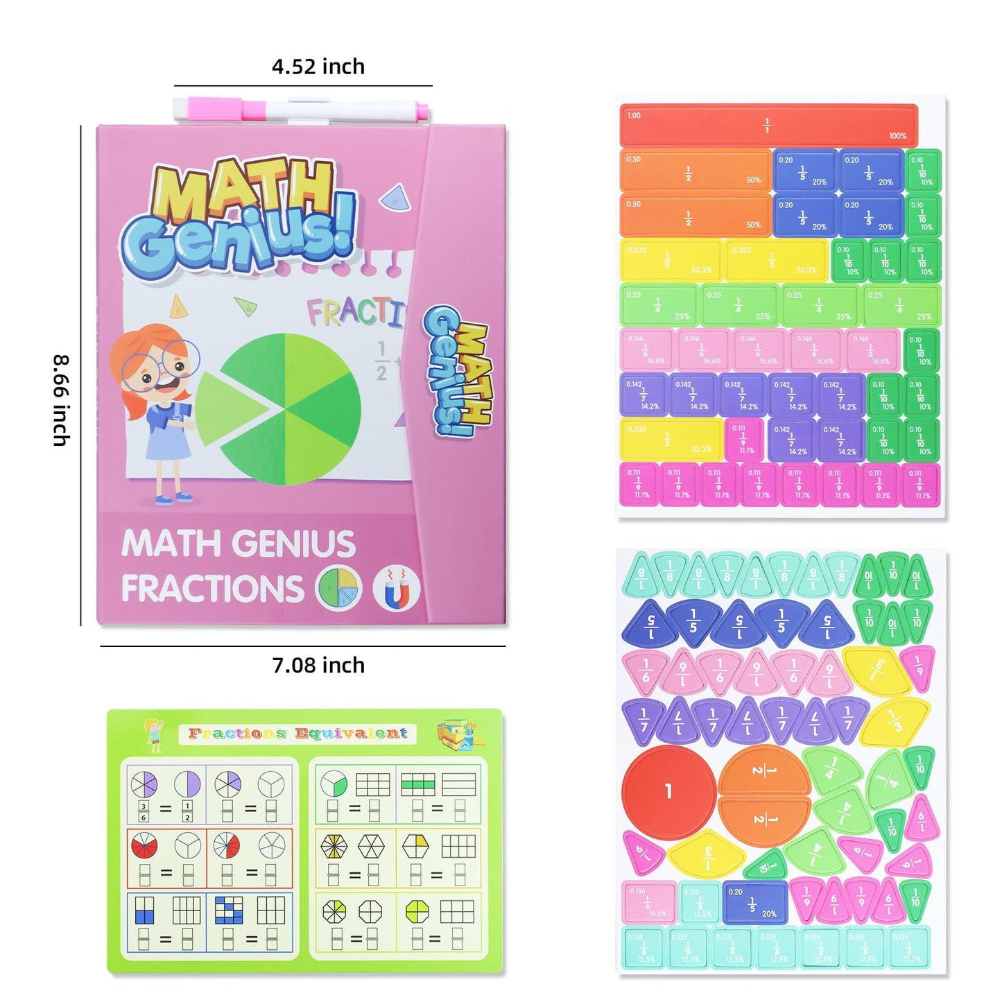 Magnetic Fraction Educational Puzzle with Fraction Tiles & Circles, Math Manipulatives Montessori Learning Toys to Help Kids Learn Fractions and Build Early Math Skills (Pink)