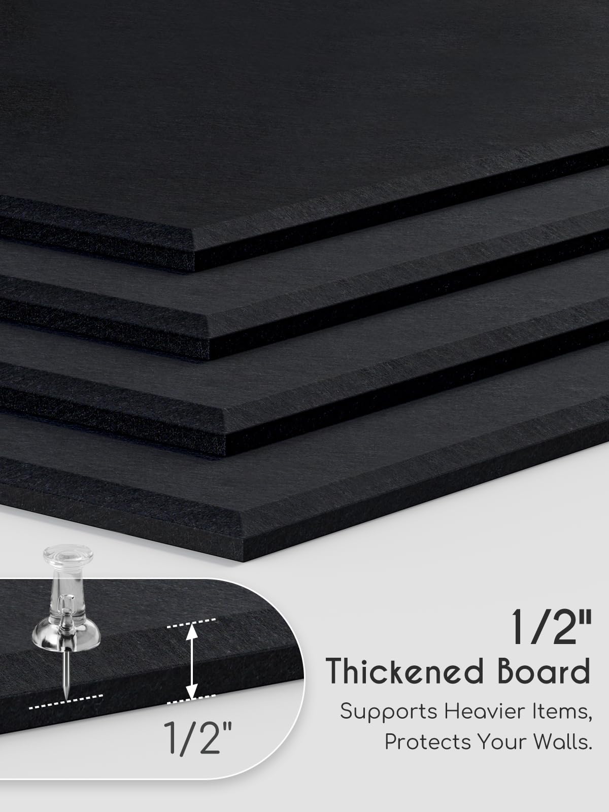 Lightomorrow 0.47" Thick Felt Pin Board Tiles, 12 Pack 11.8 x 11.8 in Bulletin Board 48" x 36", Cork Board Alternative with Adhesive & 30 Push Pins for Home Office Classroom, Black