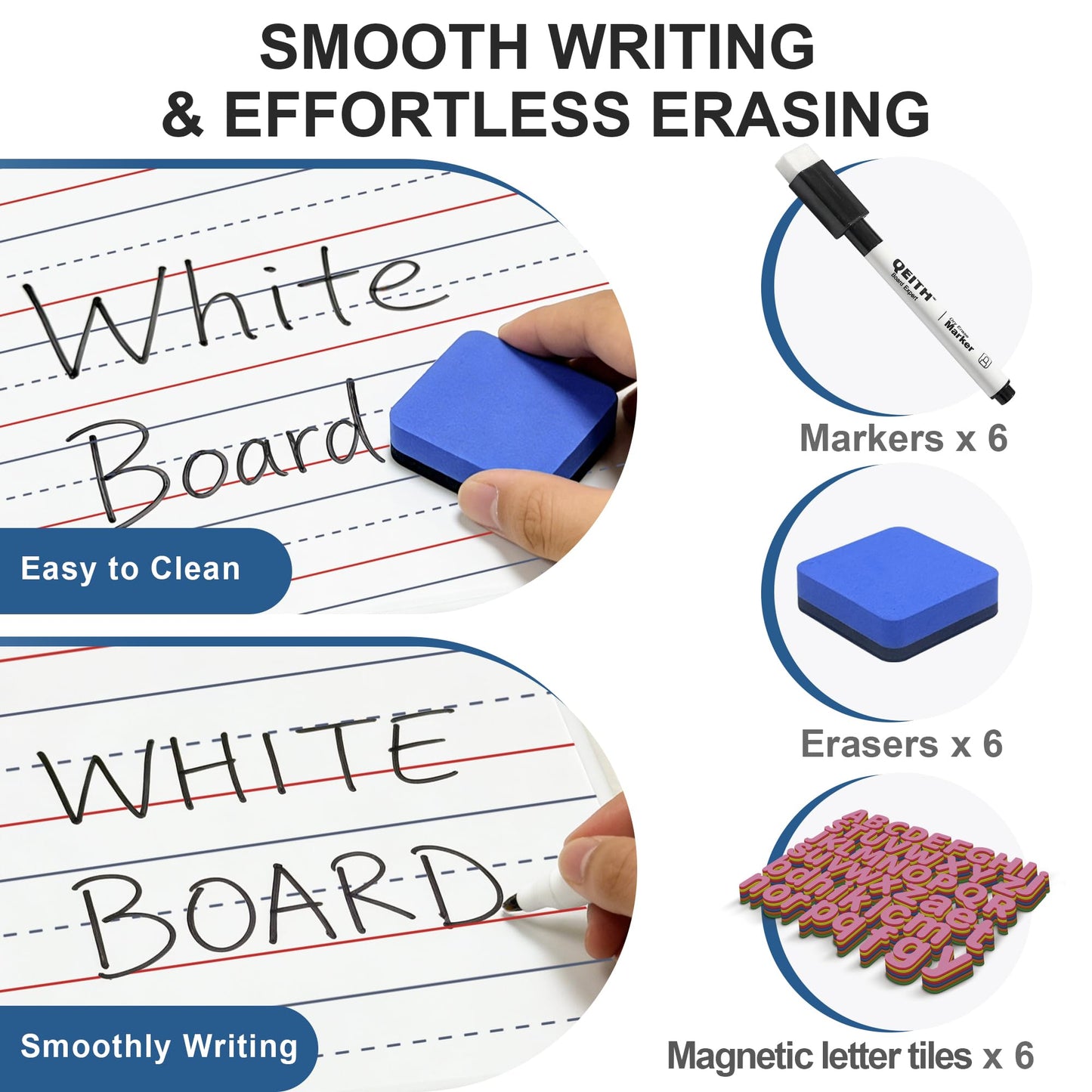 Dry Erase Boards, 6 Pack 9”x12” Magnetic Double Sided Portable Personal Small Whiteboards with Lines, Include 6 Markers, 6 Erasers, 6 X 52 Foam Letters for Kids, Students, Teachers Classroom School