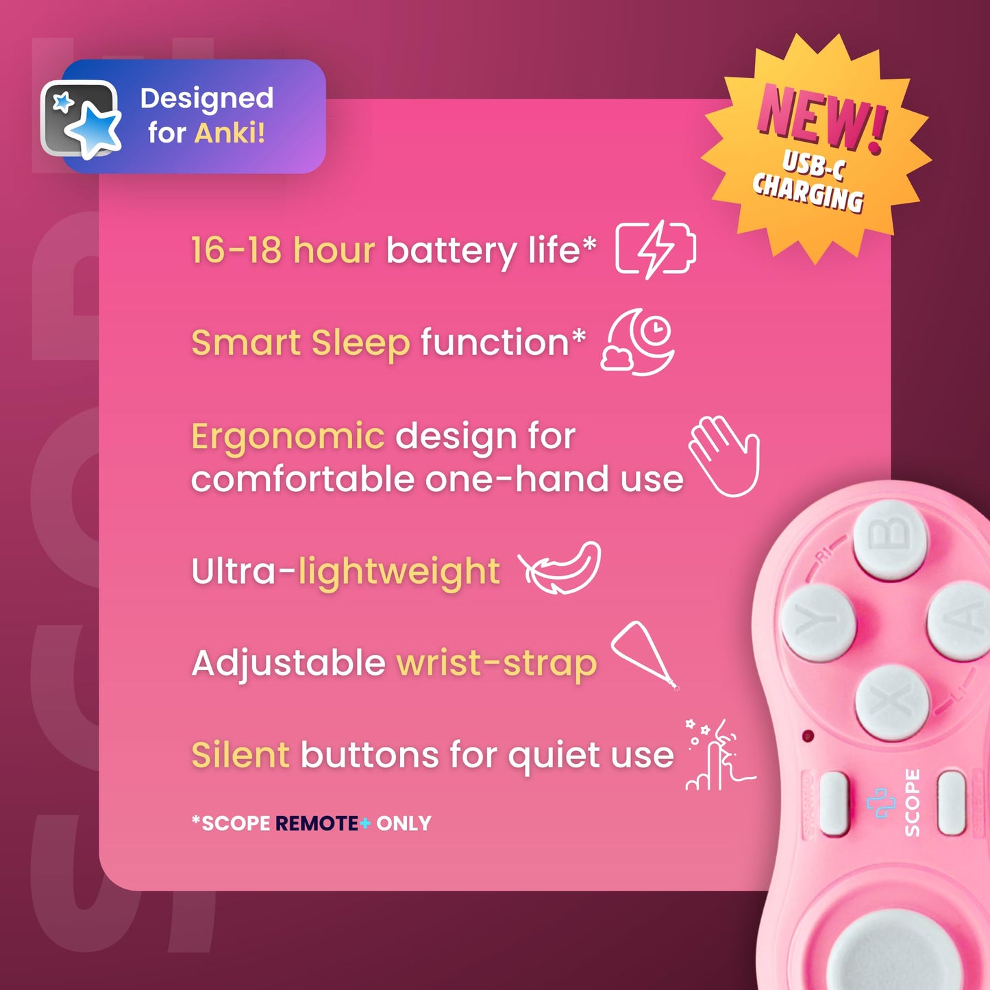 Scope Remote- Remote for Anki. Customizable with Anki Add-on, Compatible with Windows, Mac, iOS, iPad, and Android. Quizlet Compatible, Anki Controller. Pearl Pink, Plus (16-18 Hours Battery)