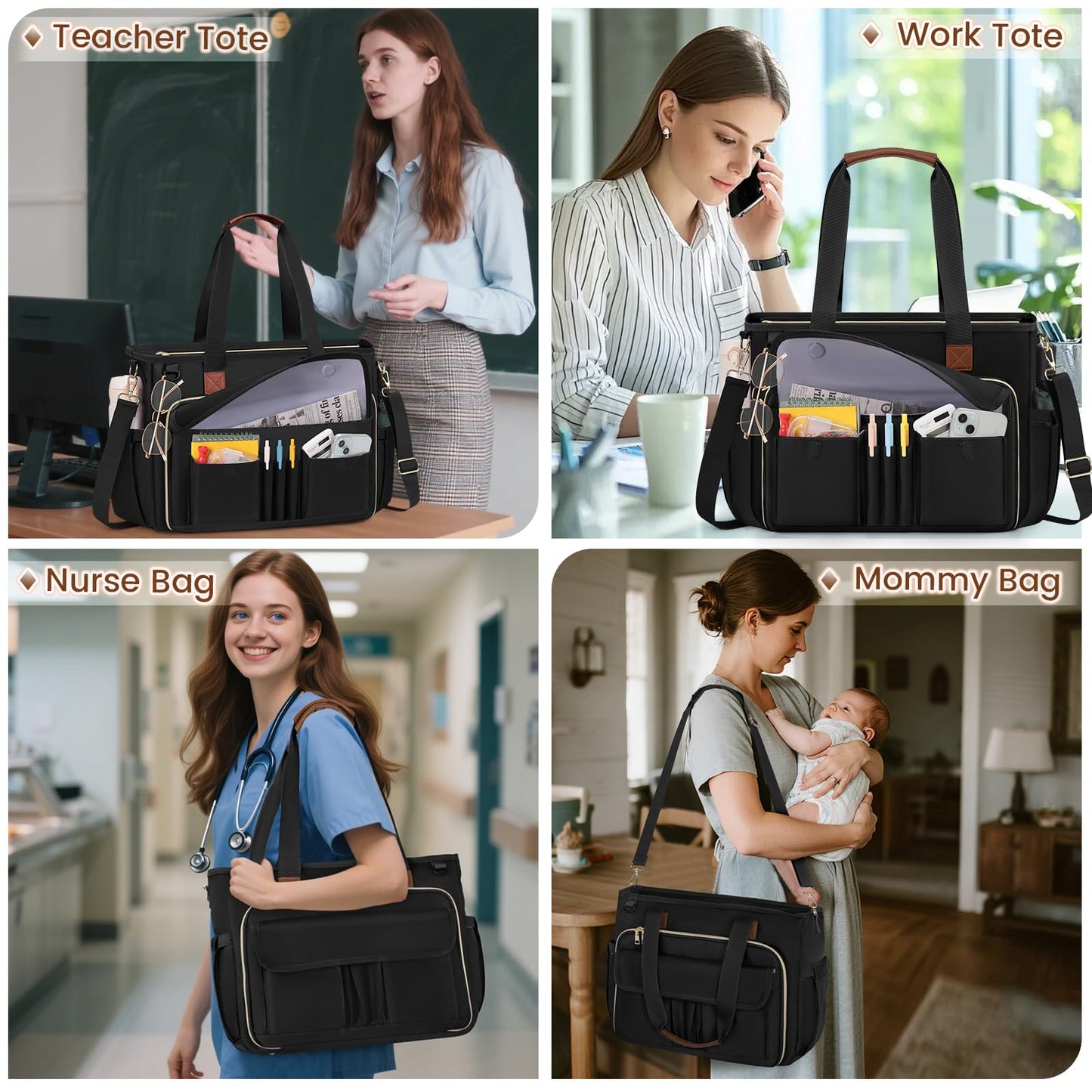 RAINSMORE Teacher Tote Bag 15.6 inch Laptop Bag for Women Work Bags Nurse Bag Lightweight Laptop Tote Computer Messenger Shoulder Bags with Insulated Pocket, Professional Laptop Briefcase