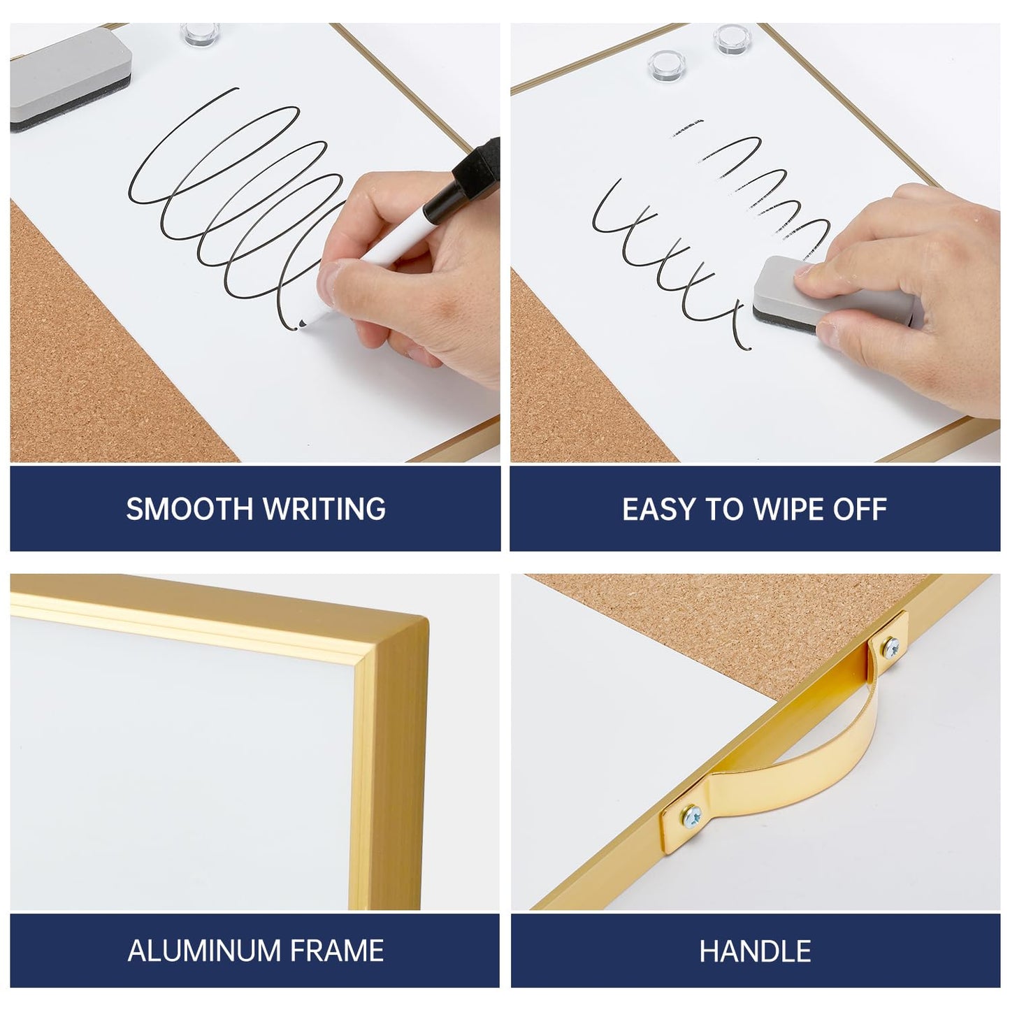 TSJ OFFICE Small Combination Board - 12" X 16" Portable Aluminum Gold Framed Magnetic Dry Erase Board for Wall, Small Bulletin Cork Board with Holder for Office, Home and School