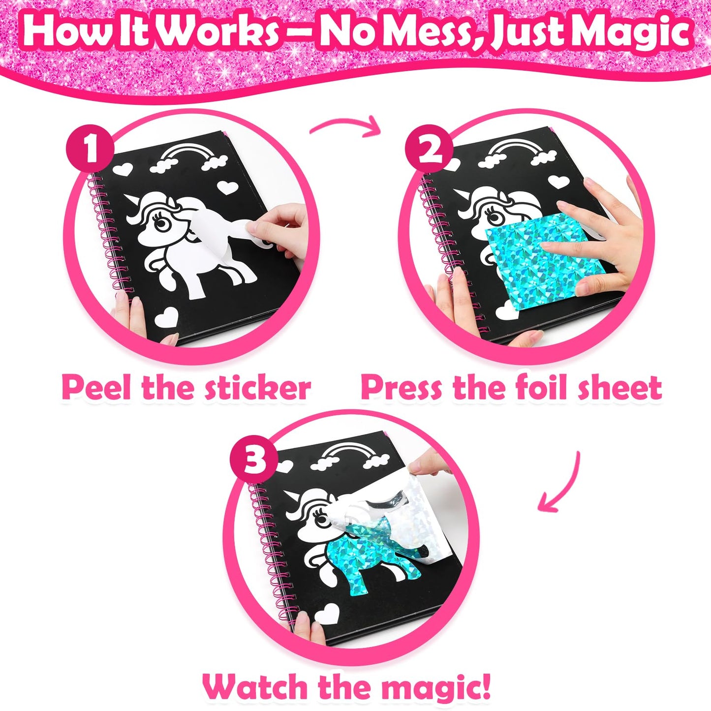 FUNNYB&G Foil Art Craft Kit for Girls 4-10 Years Old: Mess-Free & No-Glue, Create 16 Sparkly Princess Unicorn Pictures – Perfect Travel Toy & Birthday Gift for Kids (Princess)