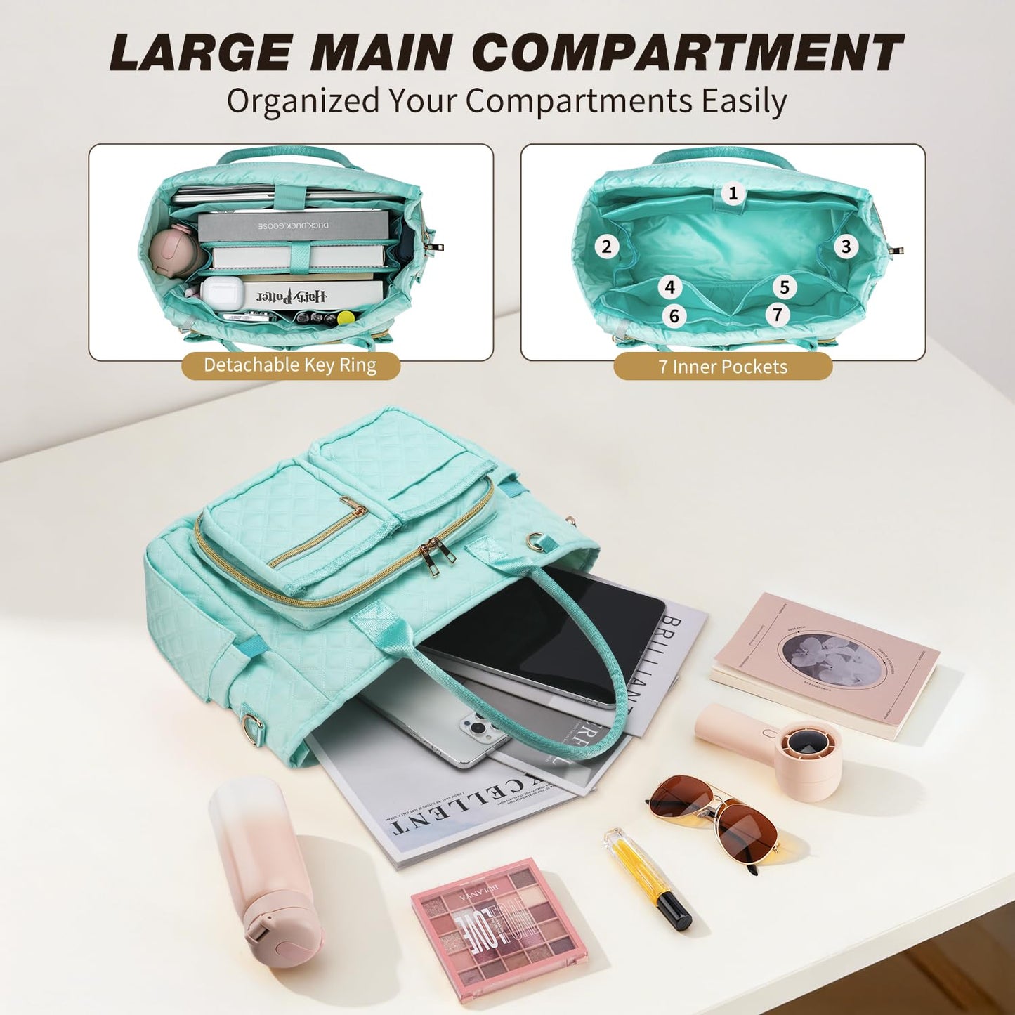 KOPKOFT Large Bible Cover Case for Women, Quilted Church Tote Bag with Shoulder Strap, Bible Study Supplies Journaling Kit Bible Accessories, Christmas Christian Gift for Women (Blue Green)