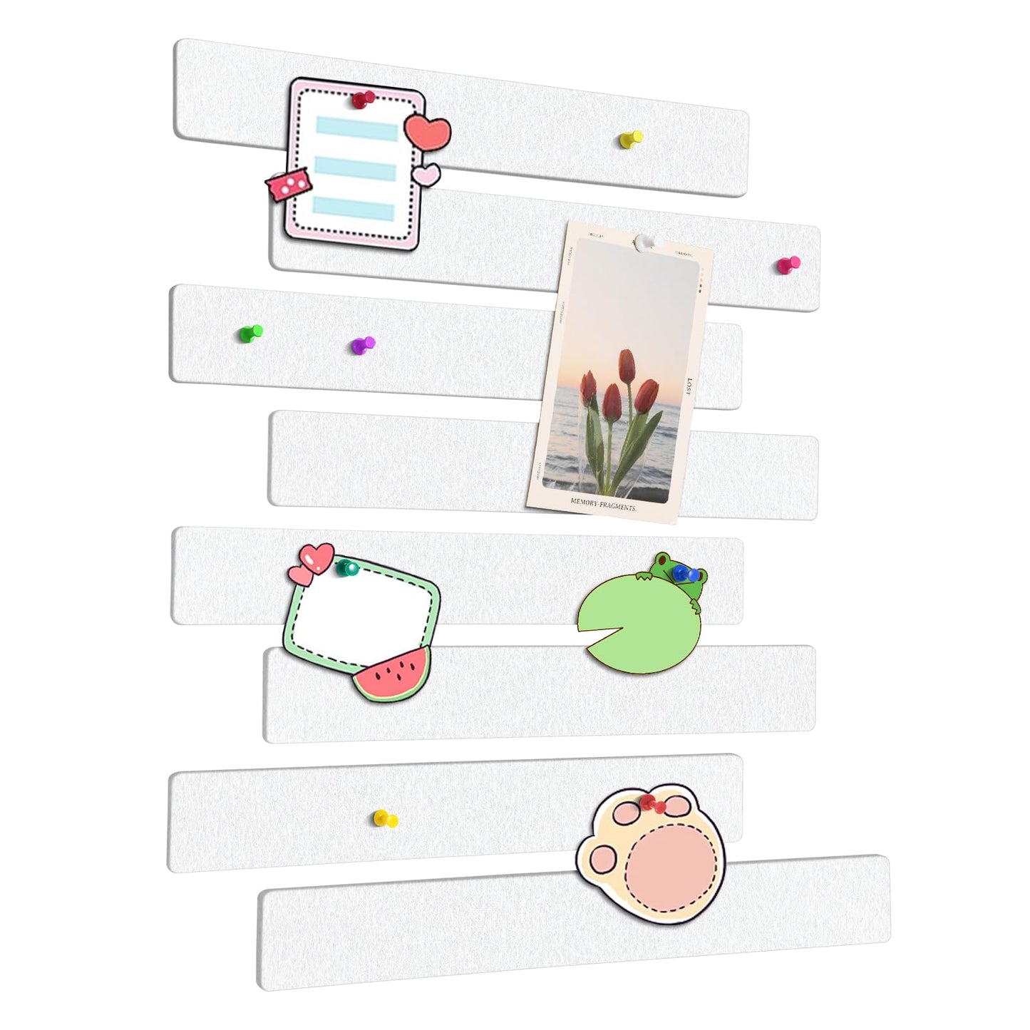 GoTiling Cork Board for Walls - 8 Pack Felt Pin Board Bar Strips - Self-Adhesive Lightweight Bulletin Board - Cork Board for Office with 40 Push Pins No Damage for Wall (White)