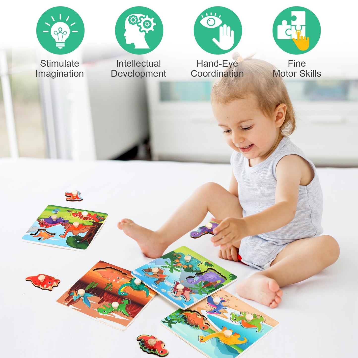 Wooden Peg Puzzles for Toddlers 1-3, Kids Educational Preschool Peg Puzzle Toy Ages 2-4, Set of 4 Dinosaur Toddler Puzzles, Ideal Gift for Ages 1 2 3 4 Boys and Girls