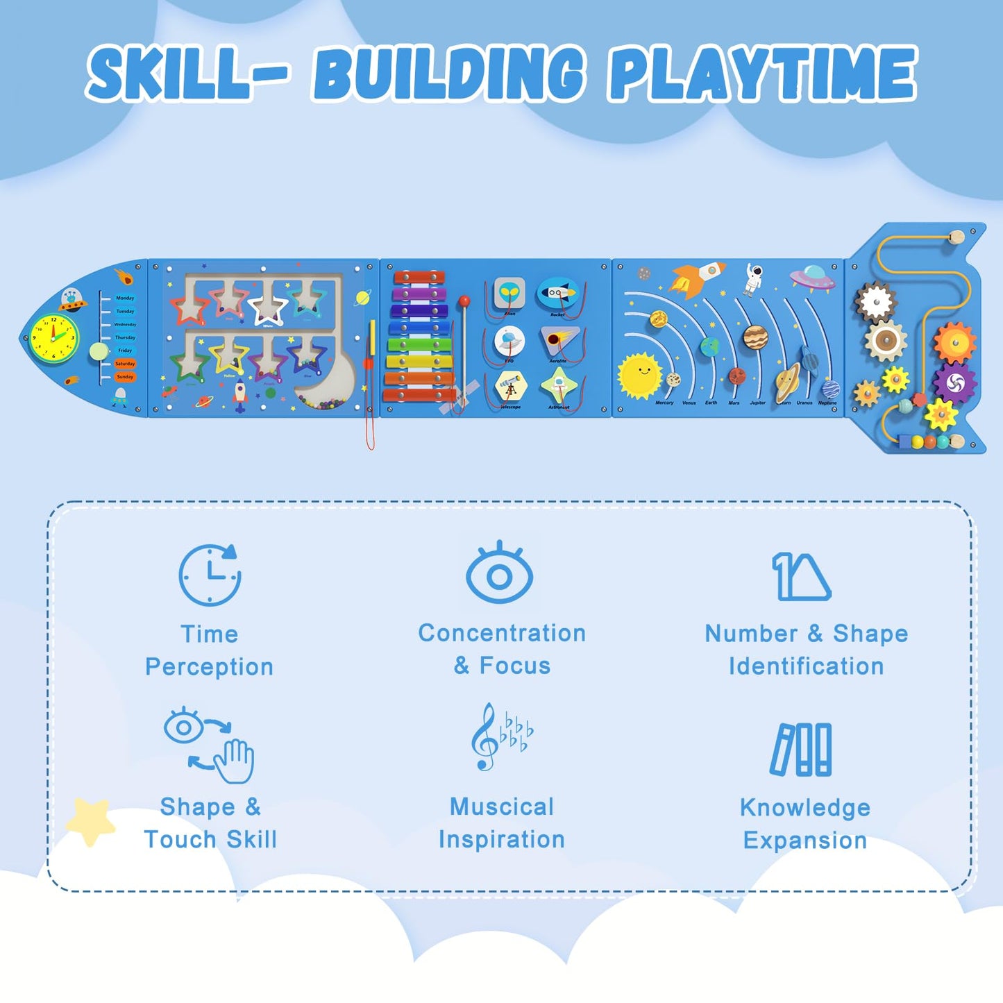 nigwet Rocket Activity Wall Busy Board Panels - Sensory Wall Panel for Kids, Montessori Toddler Wall Activity Board, Wall Toys for Toddlers 3, Activity Cube, Wooden Boards, Blue