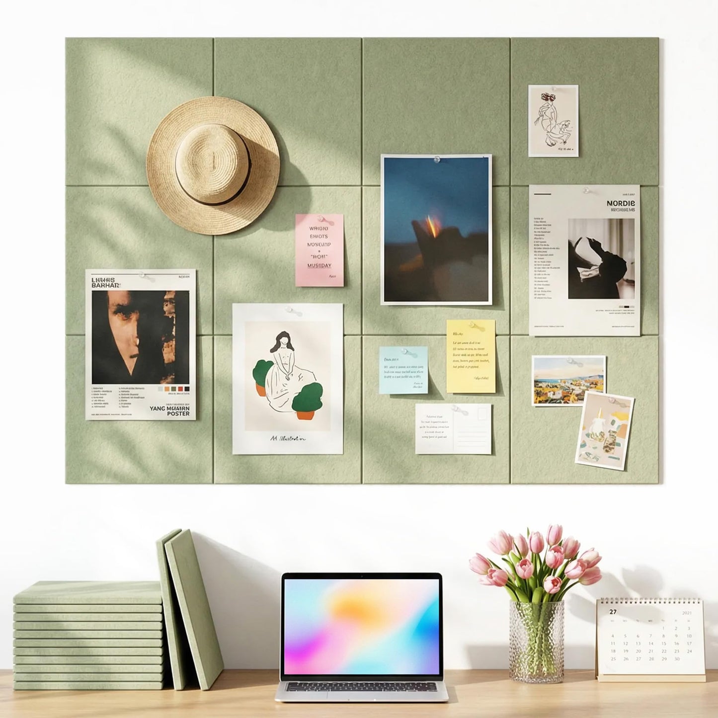 Aothia Felt Bulletin Board Tiles for Wall, 12 Pack Large 48" x 36", Felt Wall Tiles Cork Board Alternative, Adhesive Bulletin Board Tiles for Office, Classroom & Home, Sage Green