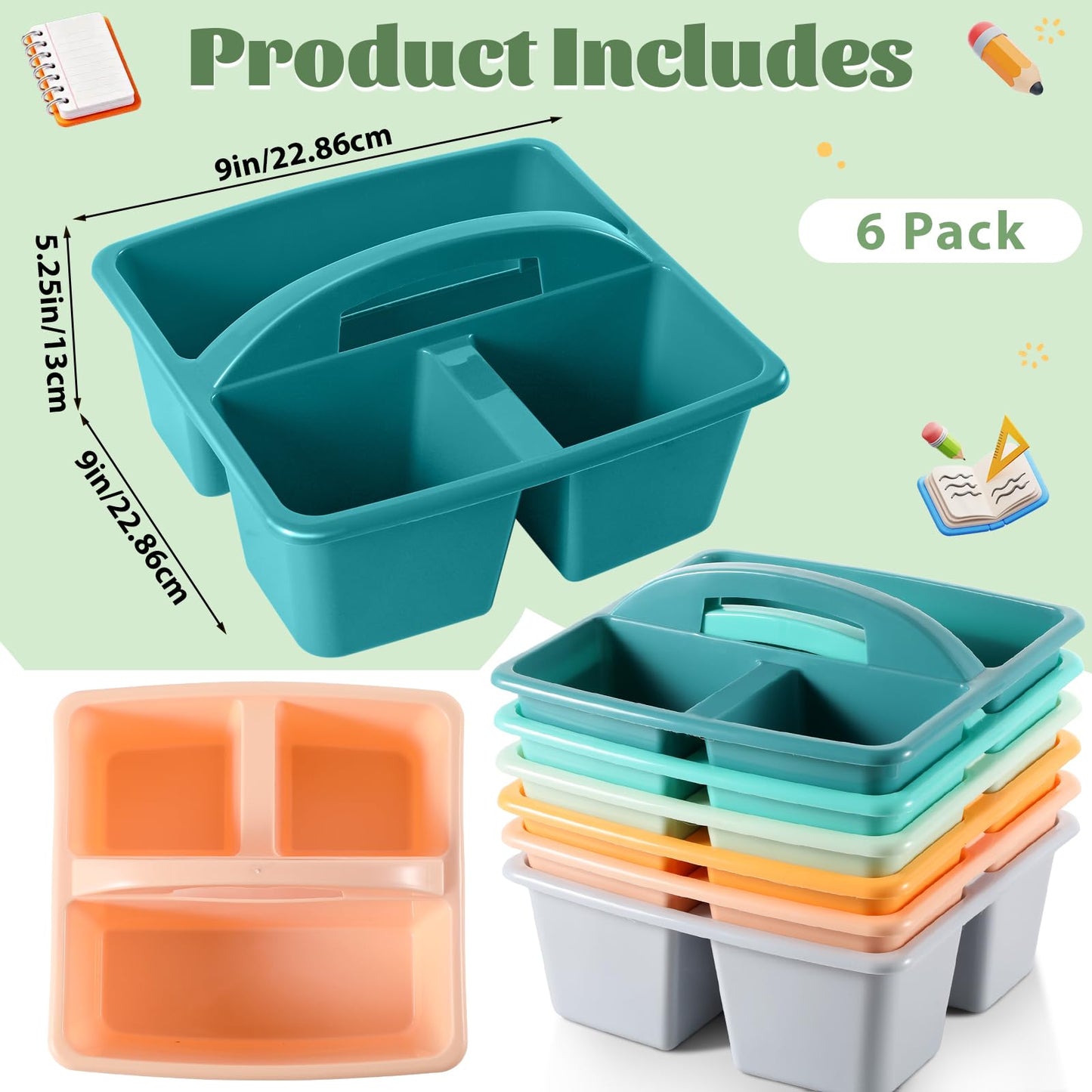 6 Pack 3 Compartment Small Caddy Plastic Classroom Organizer with Handle Portable Teacher Supply Storage Caddy Craft Art Caddies for Pencil, Crayon, Marker, Home, Office, School Supplies(Morandi)