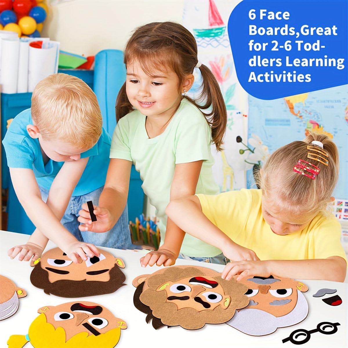 WOBOX 113 Pcs Emotion Learning Felt Board Set for Kids, Montessori Sensory Toys, Interactive Storytelling Kit with 6 Facial Expressions, Early Education Tool for Toddlers