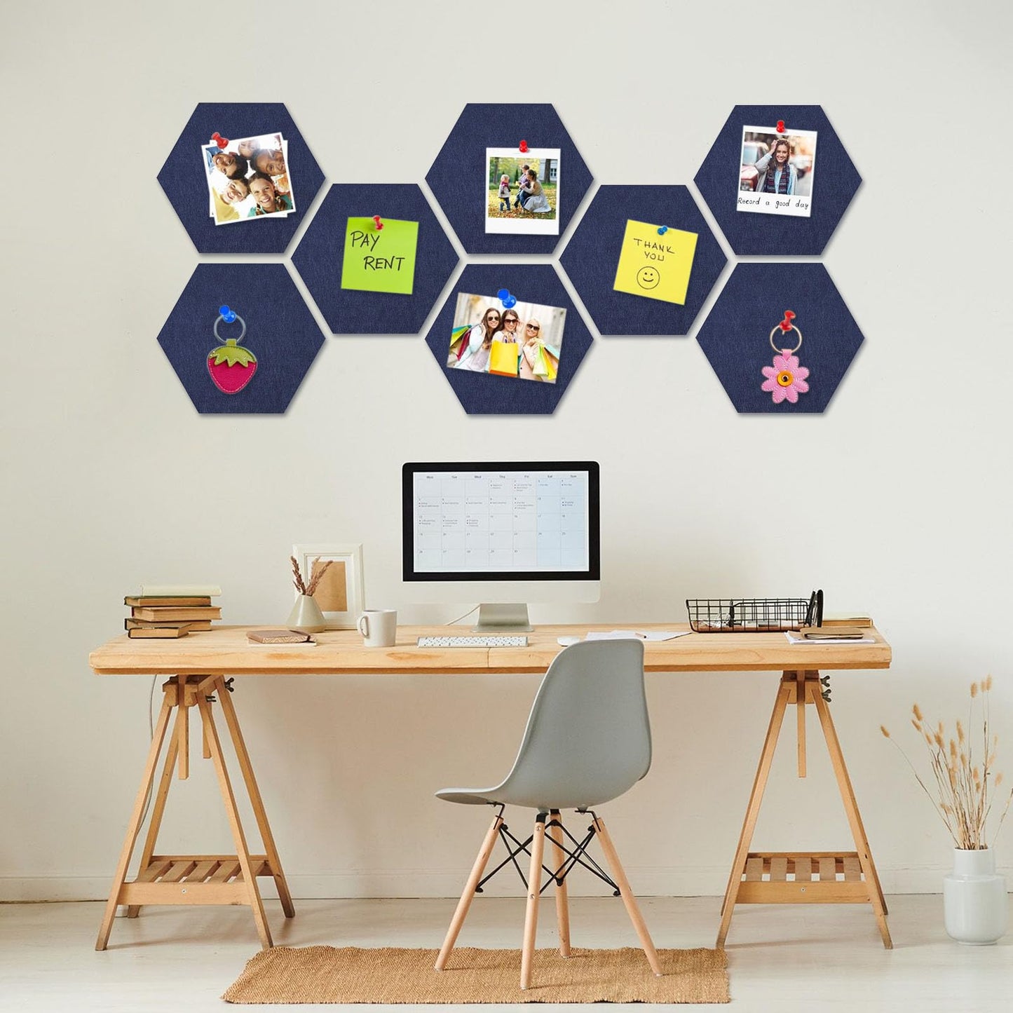 8 Packs Navy Blue Hexagon Felt Pin Board, 12" Bulletin Board with 30 Push Pins, Felt Board for Home Kitchen Office Decor, Self-Adhesive Corkboard Tiles for Walls Message Photos Memos Display