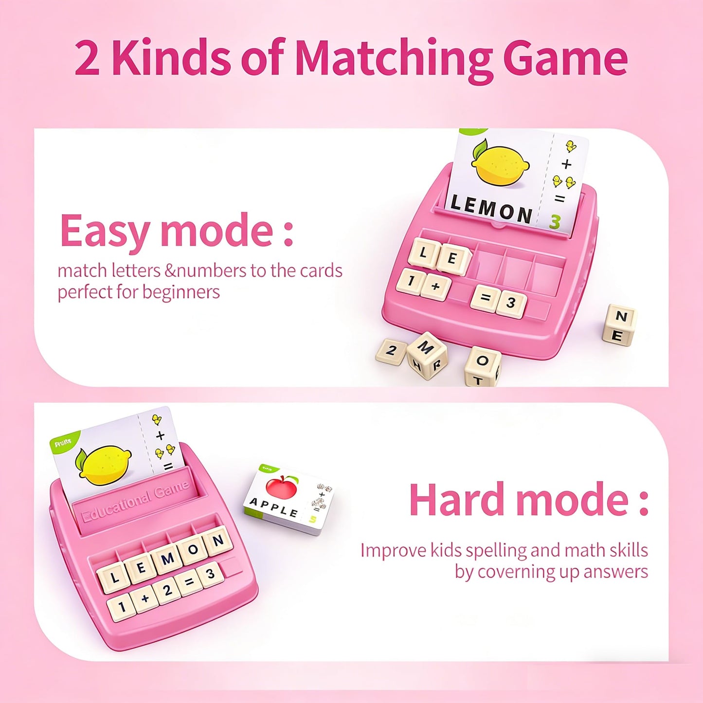 2-in-1 Flash Cards & Education Matching Letter Game for Kids Ages 3-6, Learning Toys ABC Phonics Alphabet Spelling & Reading Early Math Games Gift for Preschool Kindergarten Boys & Girls (Pink)