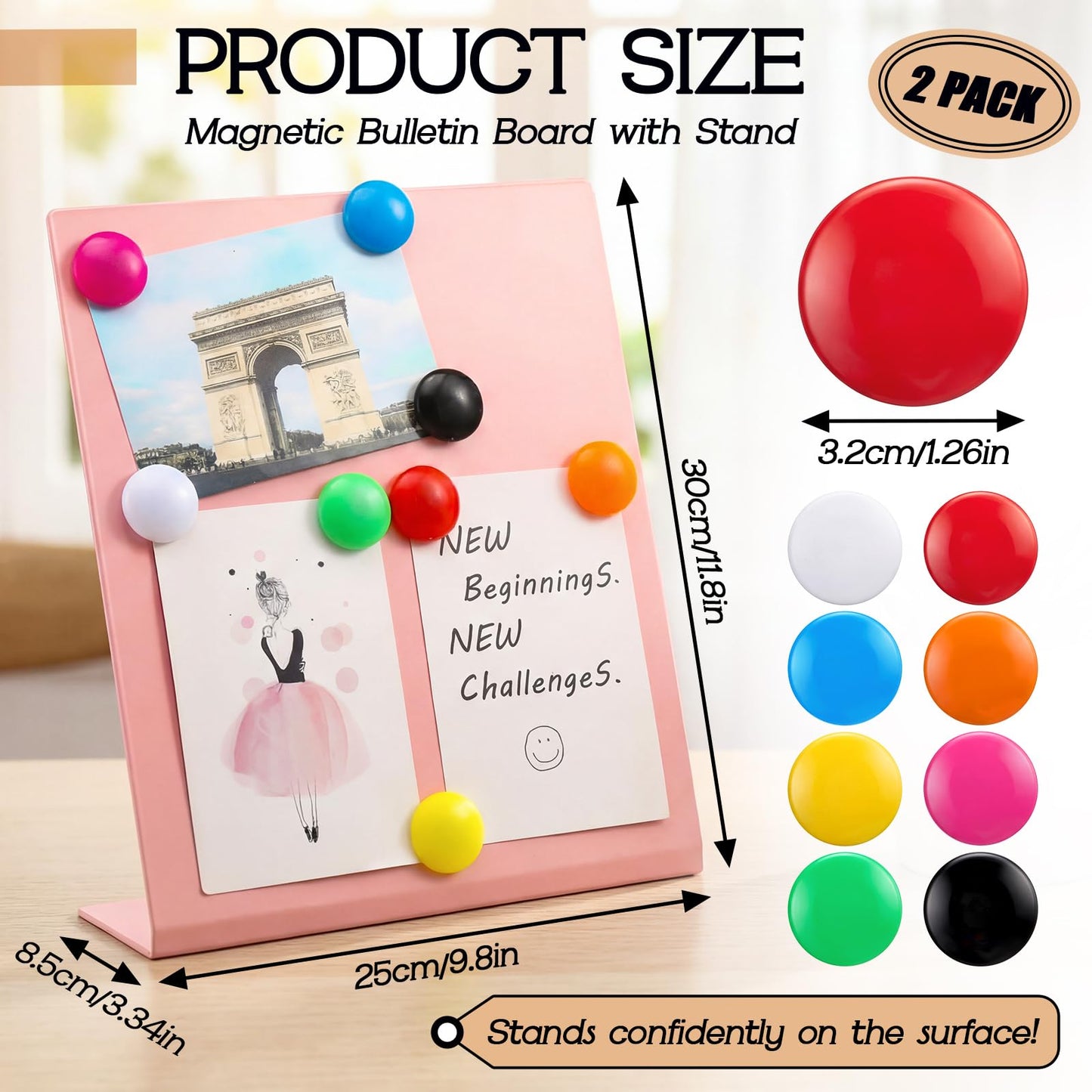 Tosstuki 2 Pack Pink Magnetic Bulletin Board Stand 8 Magnets 11.81 x 9.84 x 3.35 Inch Metal Magnet Display Board Tabletop Memo Display Easel Stand Magnetic for Home School Kitchen Office Photos