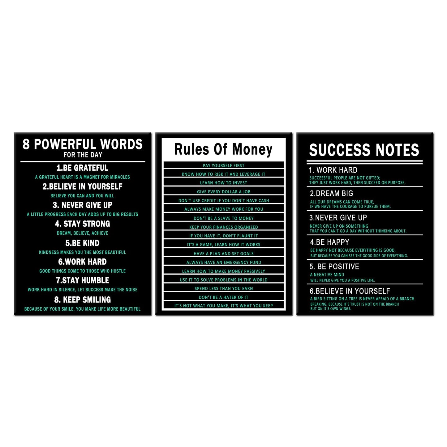 PSYYSP 3 Piece Canvas Wall Art Life Upgrade Money Rules Success Notes Posters, Black Teal Motivational Triptych Wall Decor for Office, Bedroom, Dorm, Framed Canvas 36x16inch