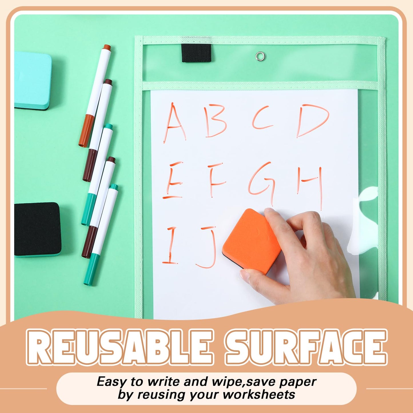 Watersay 24 Pcs Dry Erase Pocket Reusable Sleeves 10" x 14" Clear Plastic Sheet Protectors with Markers and Mini Dry Erasers for Paper (Retro Boho)