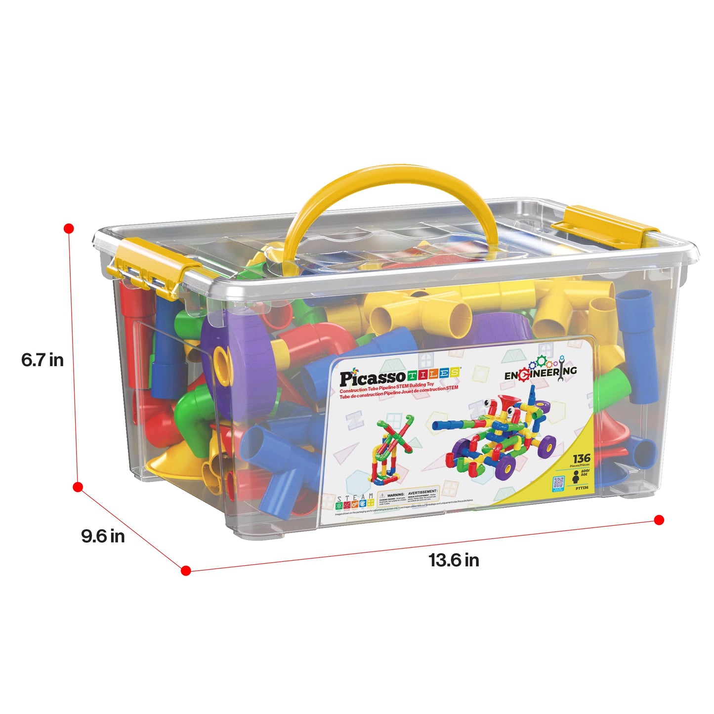 PicassoTiles PTT136 136pcs Tubular Pipes & Spout STEAM Interlocking Educational Building Block Set, Tube Locks, Pipeworks Construction Blocks w/Storage Container Box, Idea Book, Flute Musical Kit
