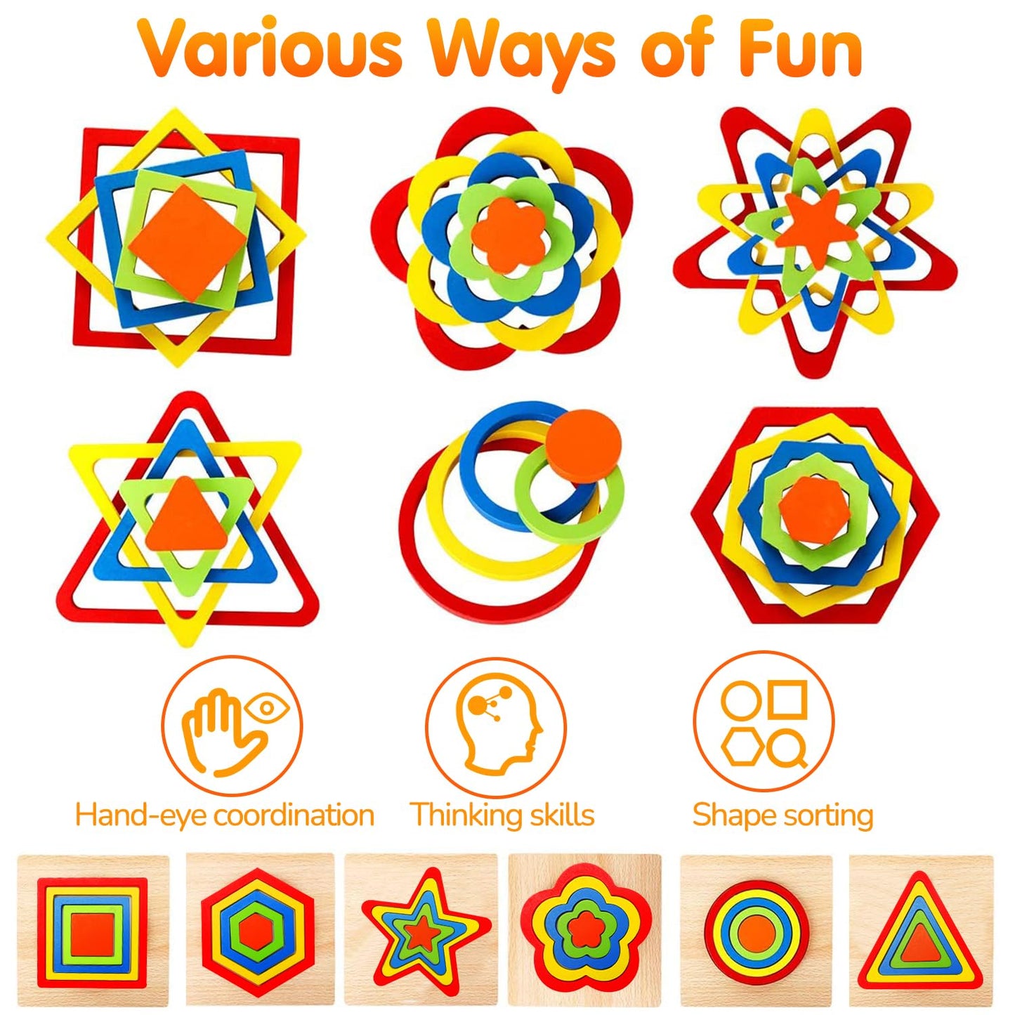 AugToy Toddler Puzzles Montessori Toy Wooden Shape Sorting Puzzle Sensory Toy Toddler Activities Preschool Learning Educational Autistic Developmental 1 2 3 Year Old Girl Boy 1-3 Dementia Game Gift